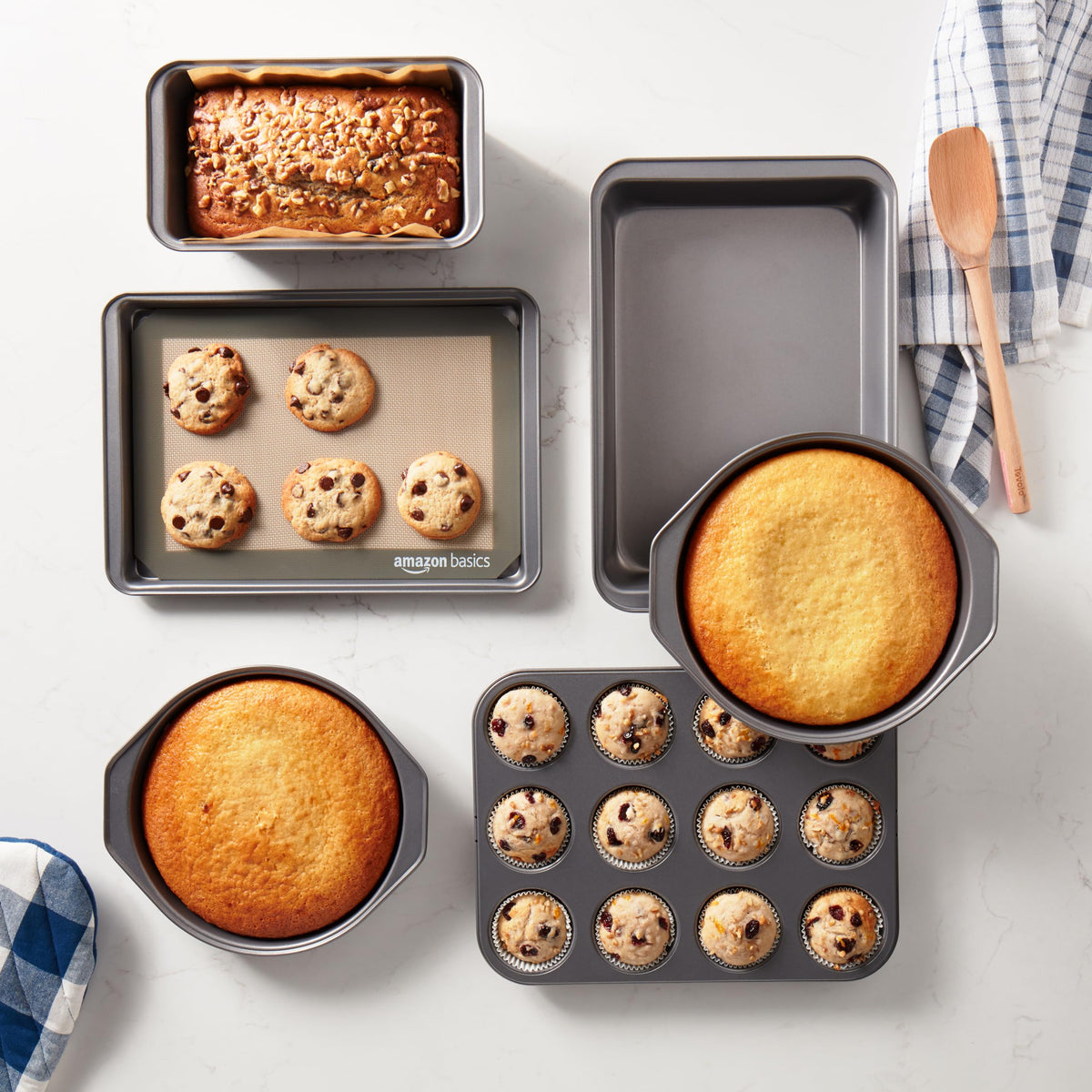 6 Piece Nonstick Carbon Steel Bakeware Set with Cake, Muffin, Cookie, and Loaf Pans, Easy Release, Oven Safe, 16.25 x 11.75 x 6.25 inches