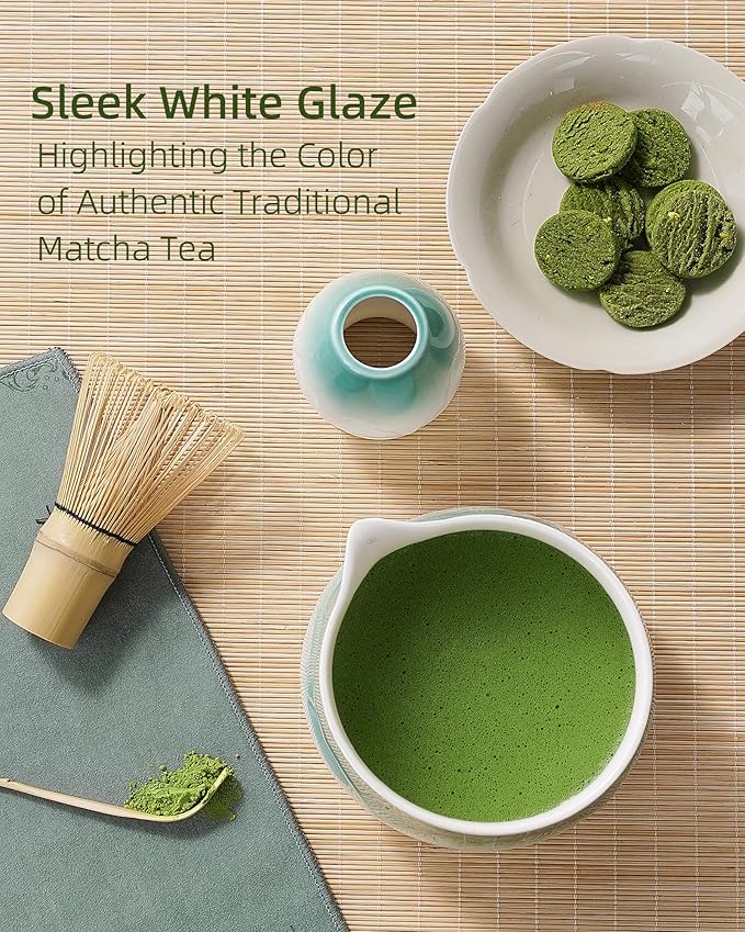 ZENS Matcha Whisk Set, Ceramic Matcha Set Includes Matcha Bowl, Matcha Whisk and Holder, Bamboo Scoop & Tea Towel - 5Pcs Matcha Kit for Matcha Ceremony, Blue