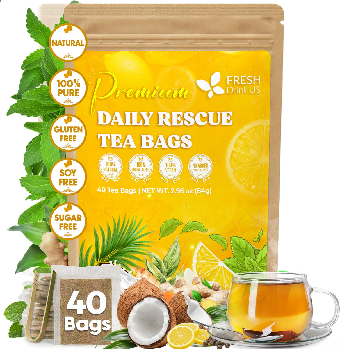 FreshDrinkUS, Premium Rosemary Leaf Tea, 40 Count, Pure, Caffeine Free