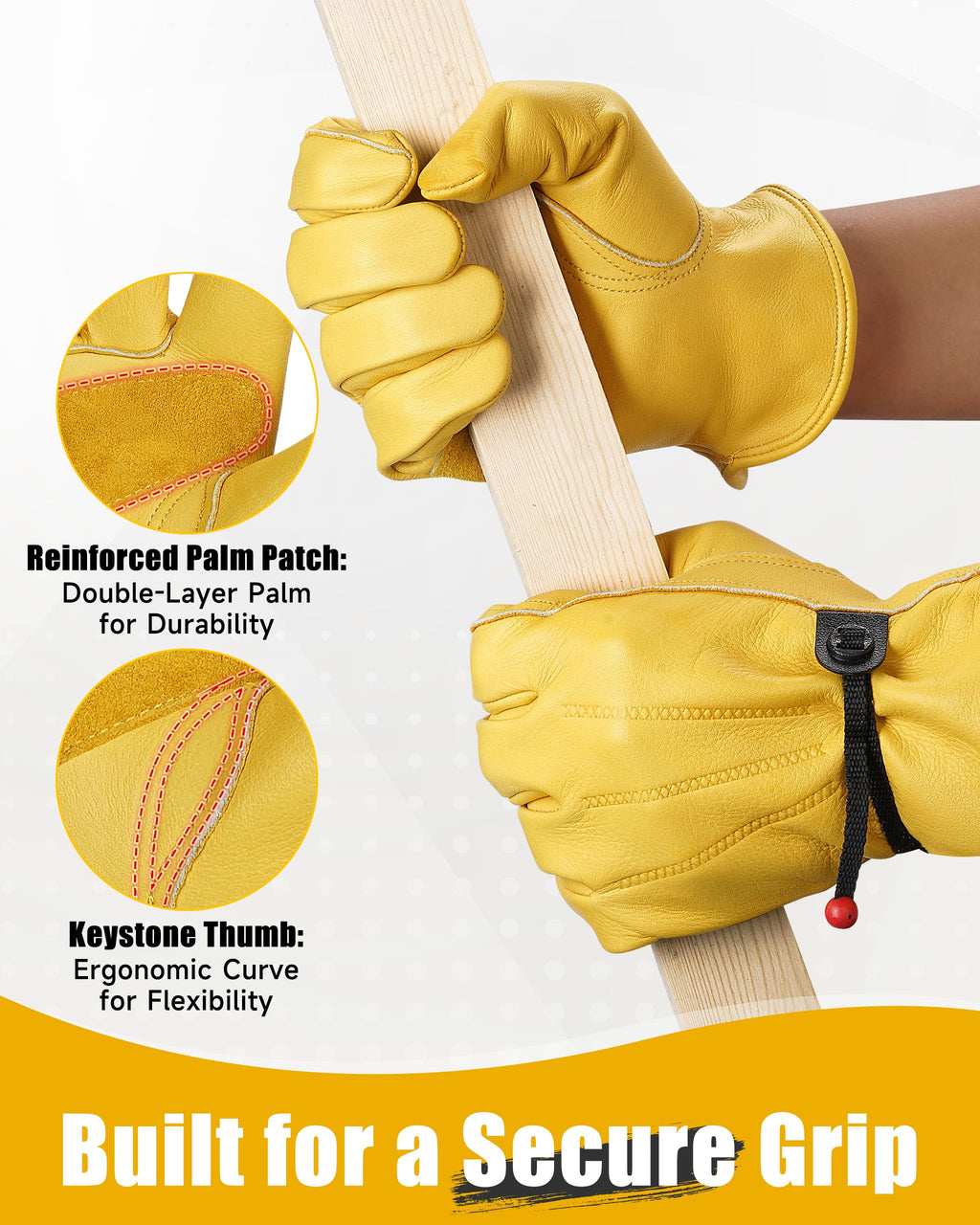 DULFINE Adjustable Cowhide Leather Work Gloves for Men 1 Pair Golden M