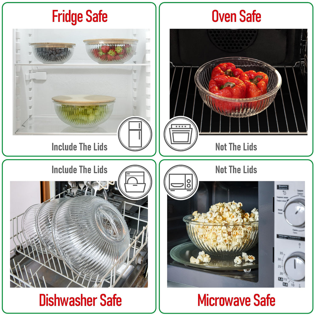 dokaworld Stackable Space-Saving Nesting Set of 3 Glass Bowls with Bamboo Lids for Foodprep, Storage, Mixing & Cooking - Microwave & Oven Safe BPA Free Durable Heat Resistant Inert Borosilicate Glass