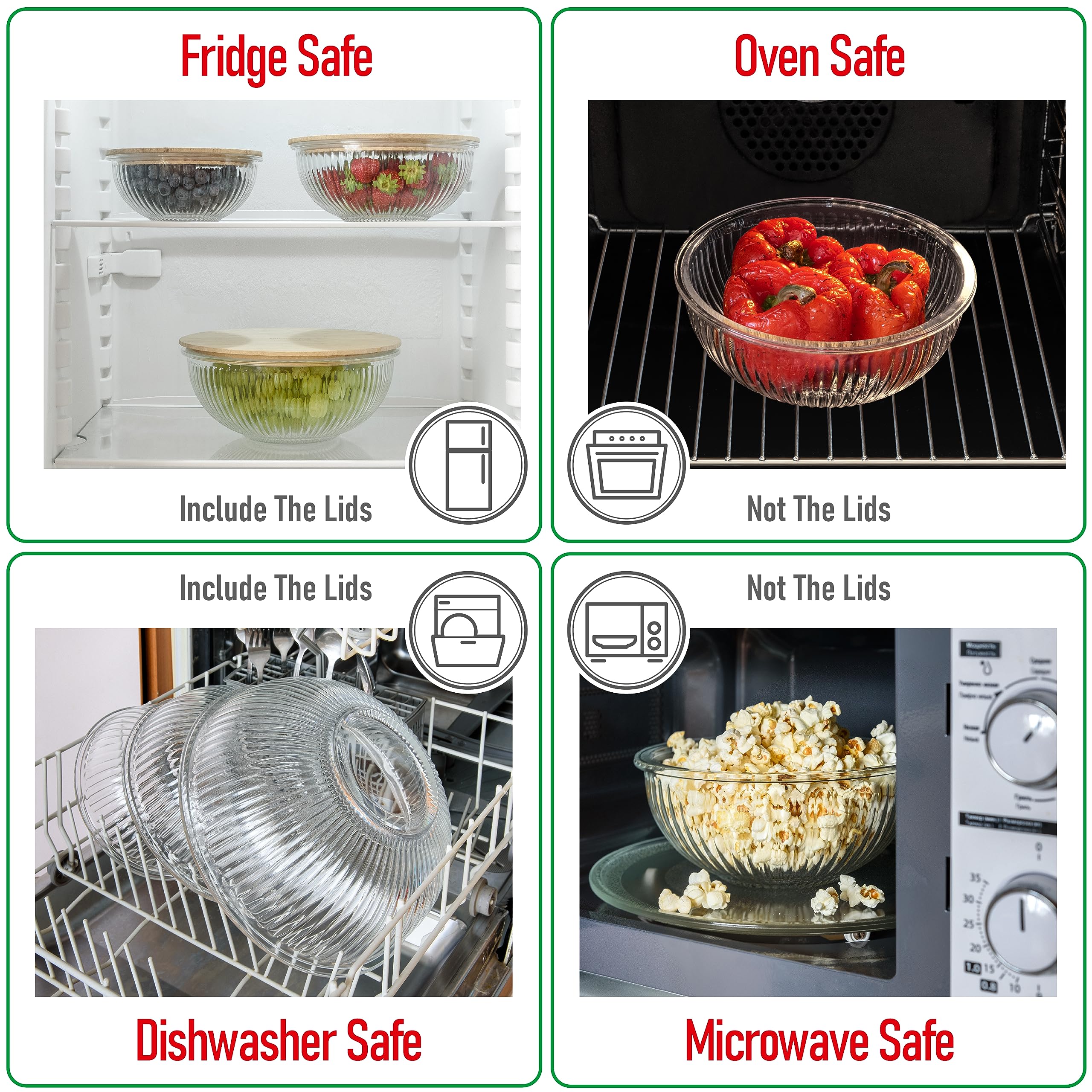 dokaworld Stackable Space-Saving Nesting Set of 3 Glass Bowls with Bamboo Lids for Foodprep, Storage, Mixing & Cooking - Microwave & Oven Safe BPA Free Durable Heat Resistant Inert Borosilicate Glass