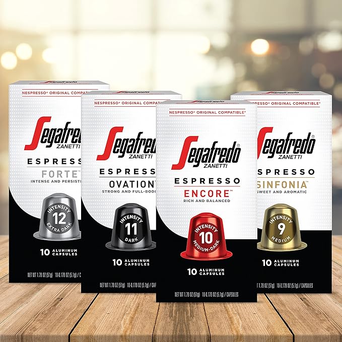 Segafredo Zanetti Espresso Capsules – Aluminum Pods for Nespresso Original Machines – Dark Roast Premium Espresso with a Full-Bodied Aroma – Strong, Intensity 11 – Ovation, 10 Count