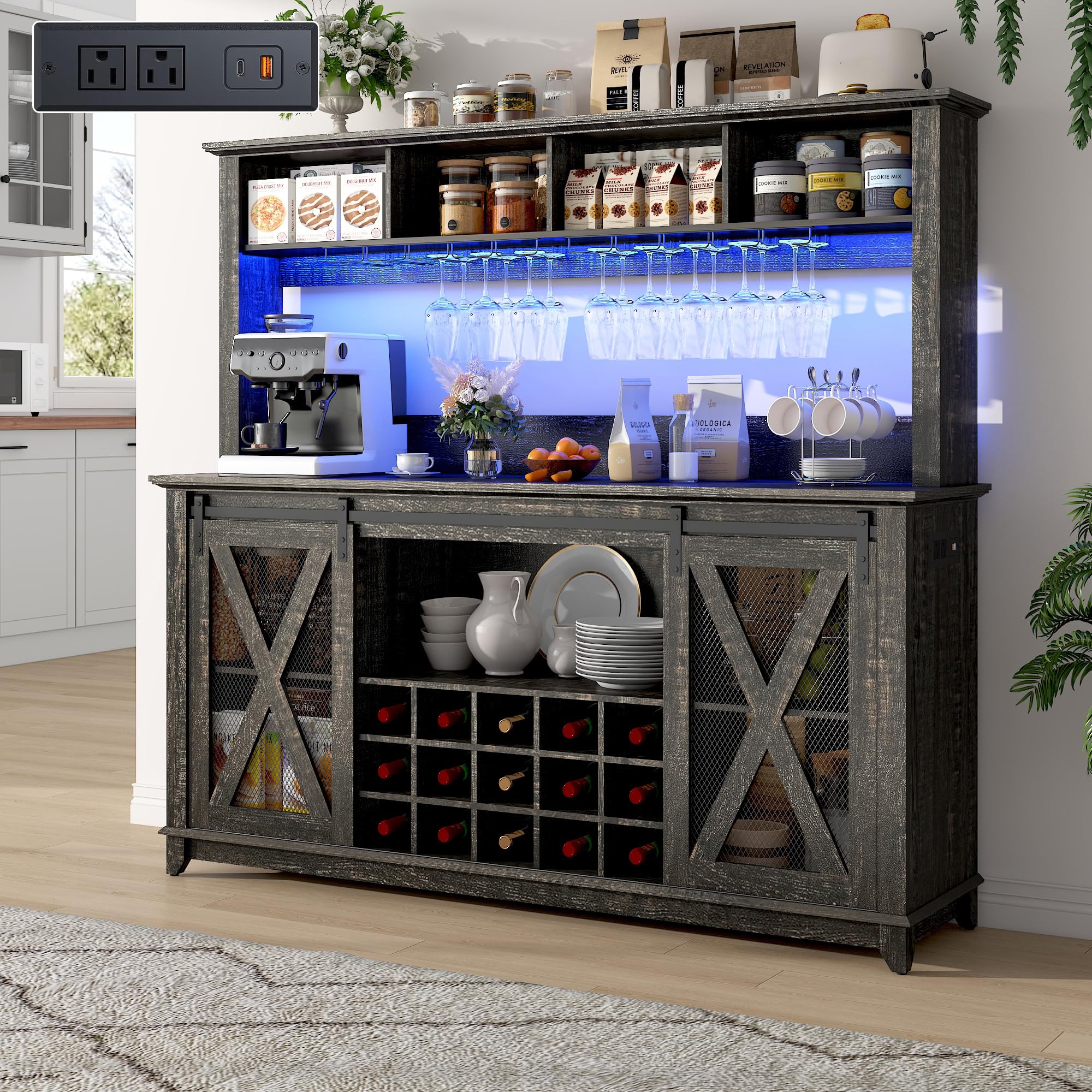 63"Wide 58"H Farmhouse Coffee Bar Cabinet with Power Outlet and LED Light,Wine Bar Cabinet w/ 4 Storage Hutch,Kitchen Buffet Cabinet with 15 Wine and Glass Racks for Kitchen Dining Room(Dark Oak)