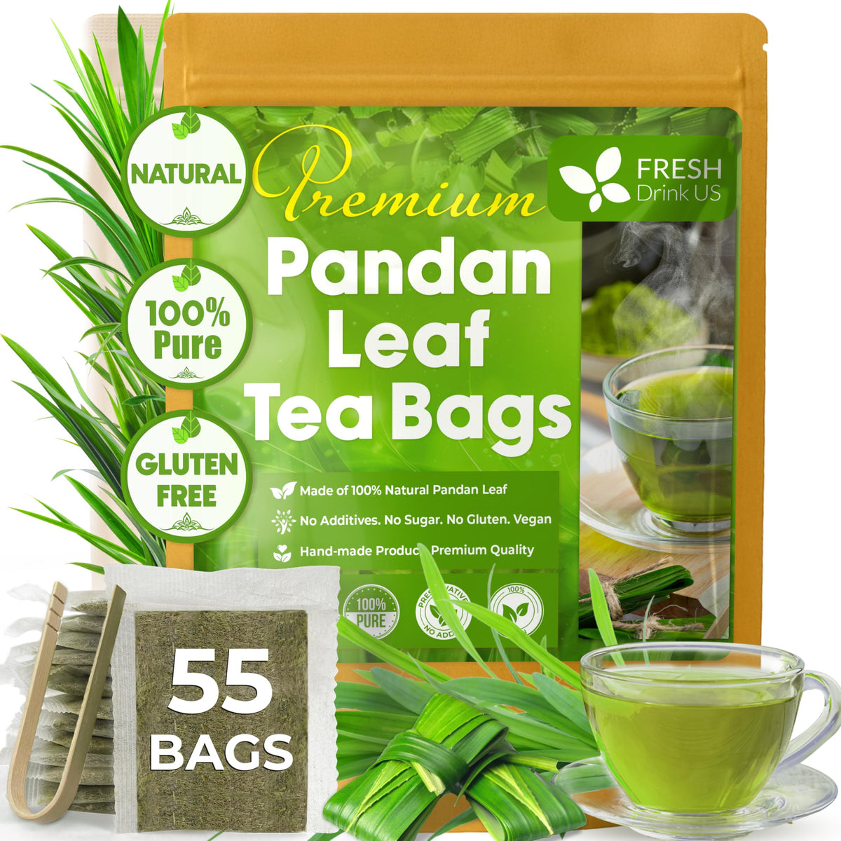 FreshDrinkUS, Premium 55 Bags Butterfly Pea Flowers Tea, 100% Natural and Pure, Made with Eco-Conscious Tea Bag, No Sugar, No Caffeine, No Gluten, Vegan