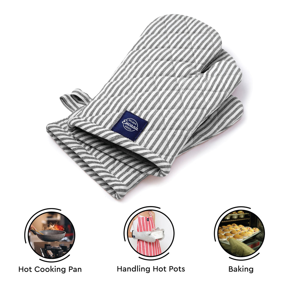 Encasa XO Oven Mitts, Heat Resistant Kitchen Cooking Gloves Ticking Black