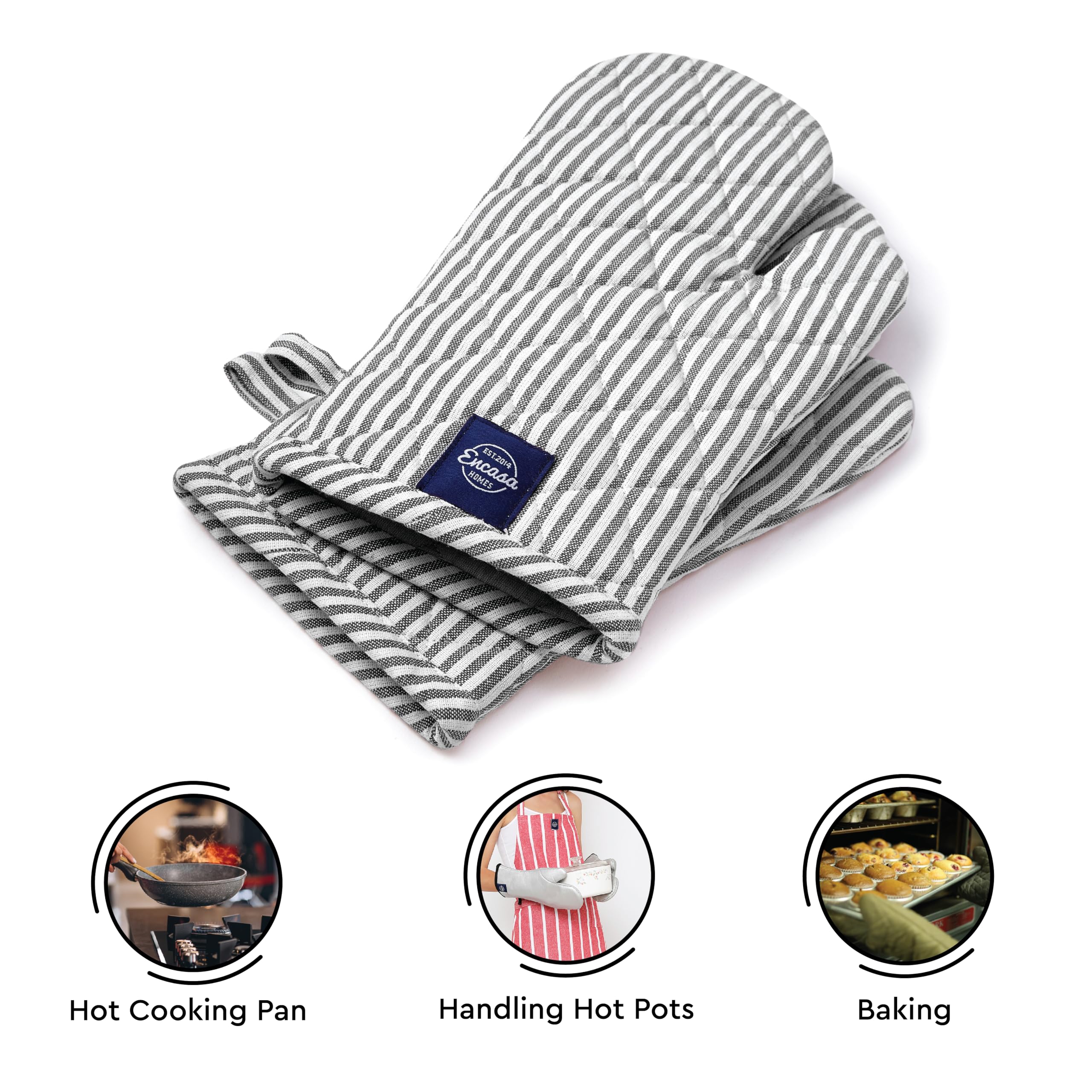 Encasa XO Oven Mitts, Heat Resistant Kitchen Cooking Gloves Ticking Black