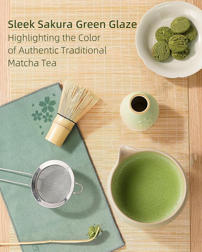 ZENS Matcha Whisk Set, Ceramic Matcha Tea Set with 15oz Sakura Bowl and Bamboo Whisk & Scoop, (Chasen Holder), Stainless Sifter-Tea Towel, 6pcs Matcha Kit for Matcha Lovers, Green