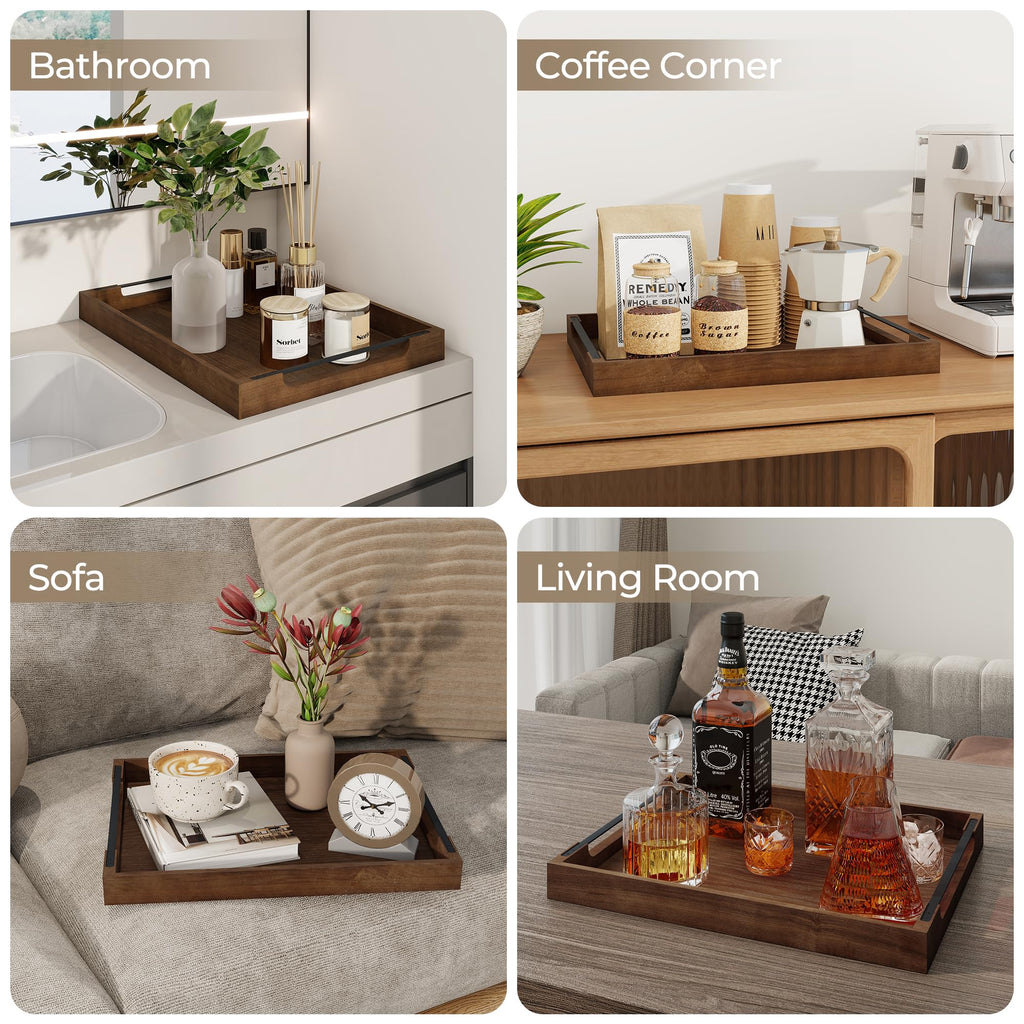 Axeman Wooden Serving Tray with Metal Handles|Ottoman Tray for Breakfast, Bed, Couch|17x13in Ash Wood Coffee Table Trays|Food Drinks Decorative Storage Boards for Ottoman Kitchen, Walnut