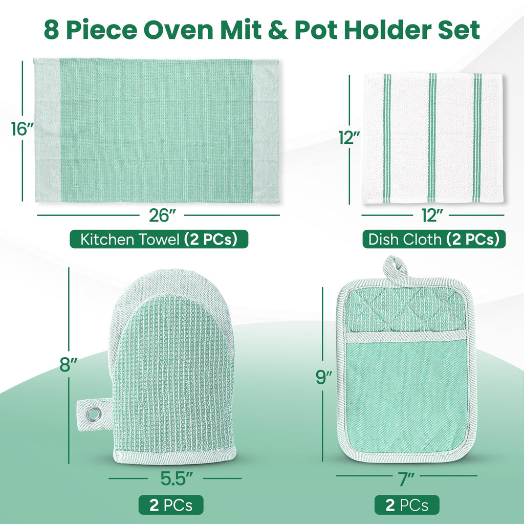 Casa Platino Potholders & Oven Mitts Heat Resistant, 8-Piece Mini Oven Mitt with Silicone Grip, Potholder for Kitchens, 2 Kitchen Towels & 2 Dish Cloths – Durable & Non-Slip – Sage