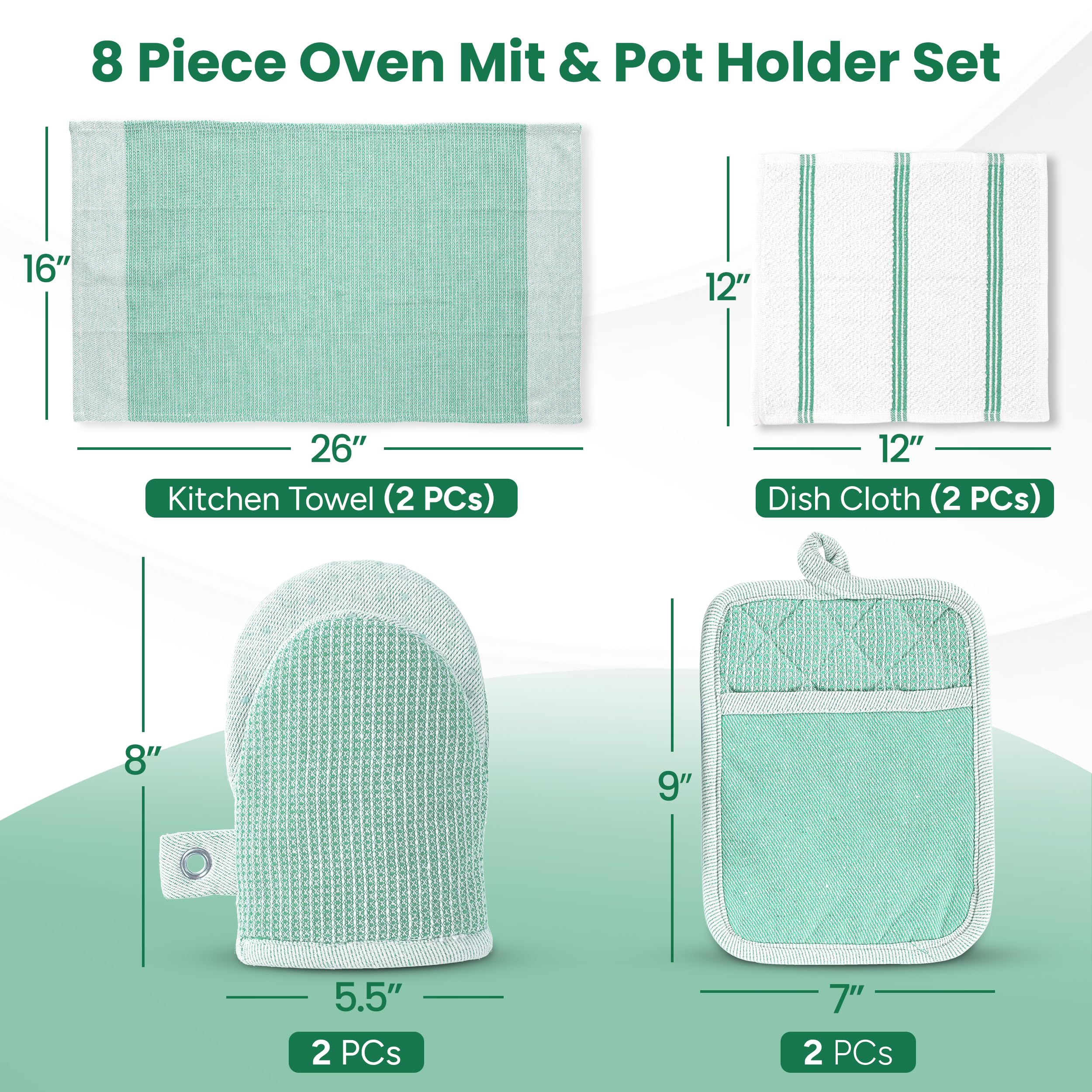 Casa Platino Potholders & Oven Mitts Heat Resistant, 8-Piece Mini Oven Mitt with Silicone Grip, Potholder for Kitchens, 2 Kitchen Towels & 2 Dish Cloths – Durable & Non-Slip – Sage