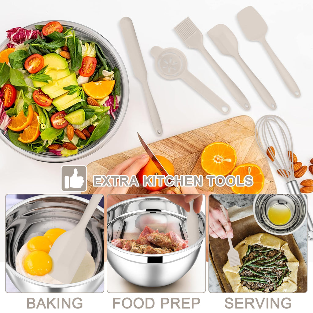 E-far Mixing Bowls with Lids Set, 21PCS Stainless Steel Mixing Salad Bowls with 3 Grater Attachments, Size 7, 4.6, 3.5, 2.6, 2, 1.5, 1QT, Nesting Design & Khaki Airtight Lid, For Baking/Prepping