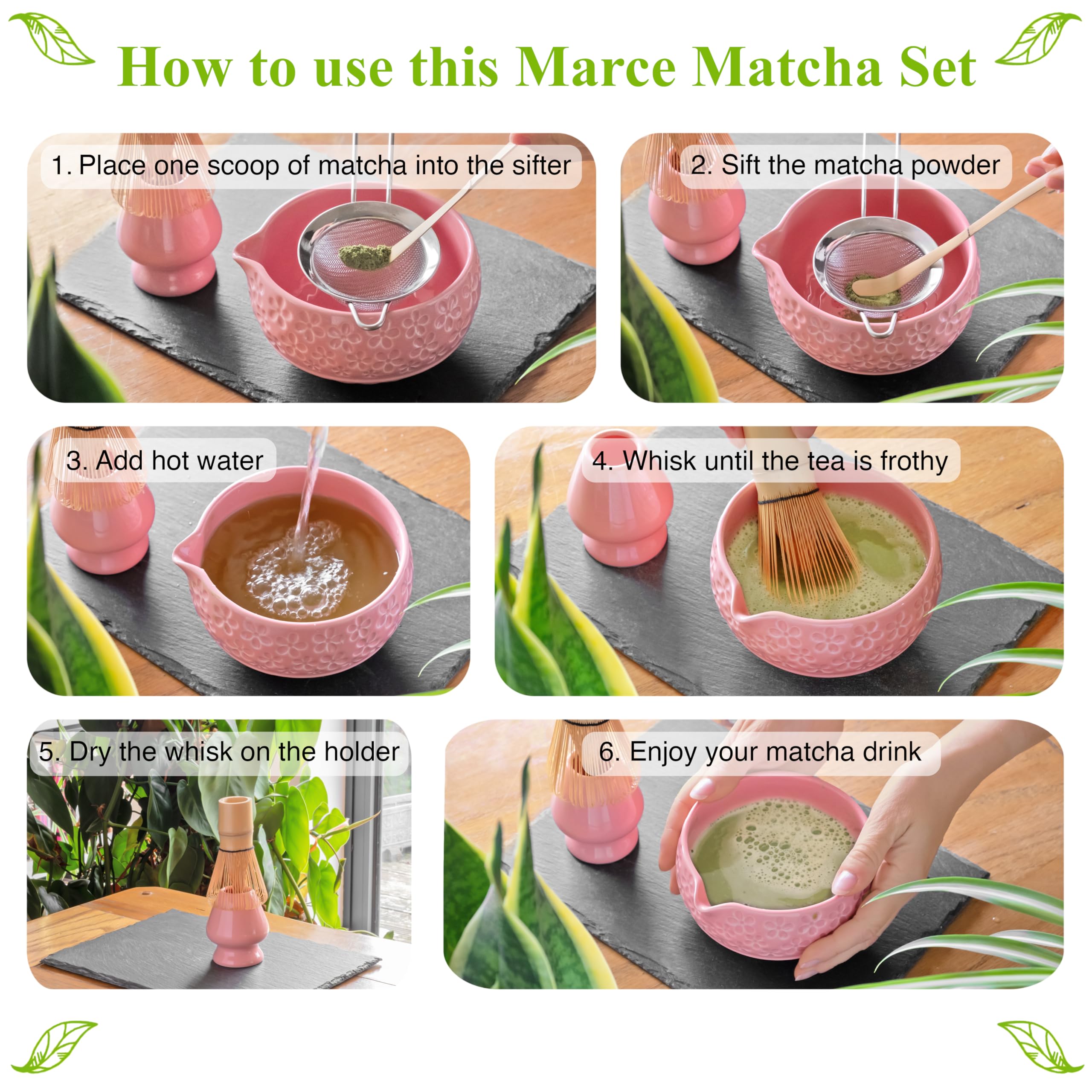 Marce Matcha Whisk Set- Matcha Set includes Matcha Whisk and Bowl with Spout, Sifter, Holder and Scoop- The Perfect Bamboo Whisk for Matcha Tea (Pink Flowers)
