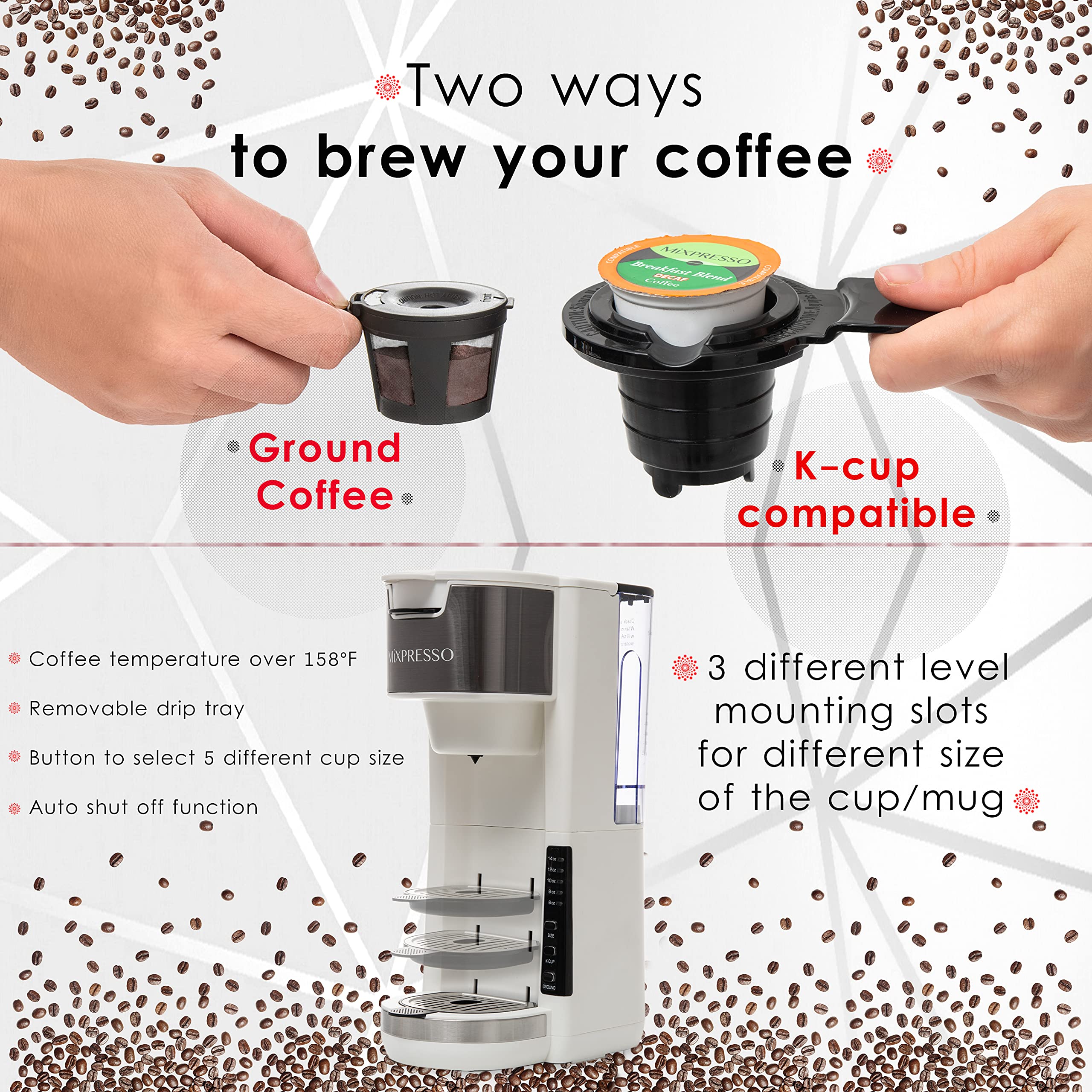Mixpresso White Single Serve Coffee Brewer K-Cup Pods Compatible & Ground
