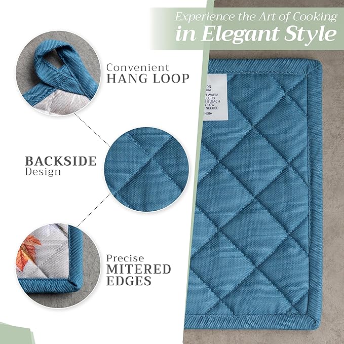 Maison d' Hermine 100% Cotton Oven Mitt & Pot Holder Set (7.5"x13" & 8"x8") Heat Resistant BBQ Cooking Gloves with Loop, Baking, Grilling, Kitchen, Handling Hot Pans (Equinoxe - Grey)