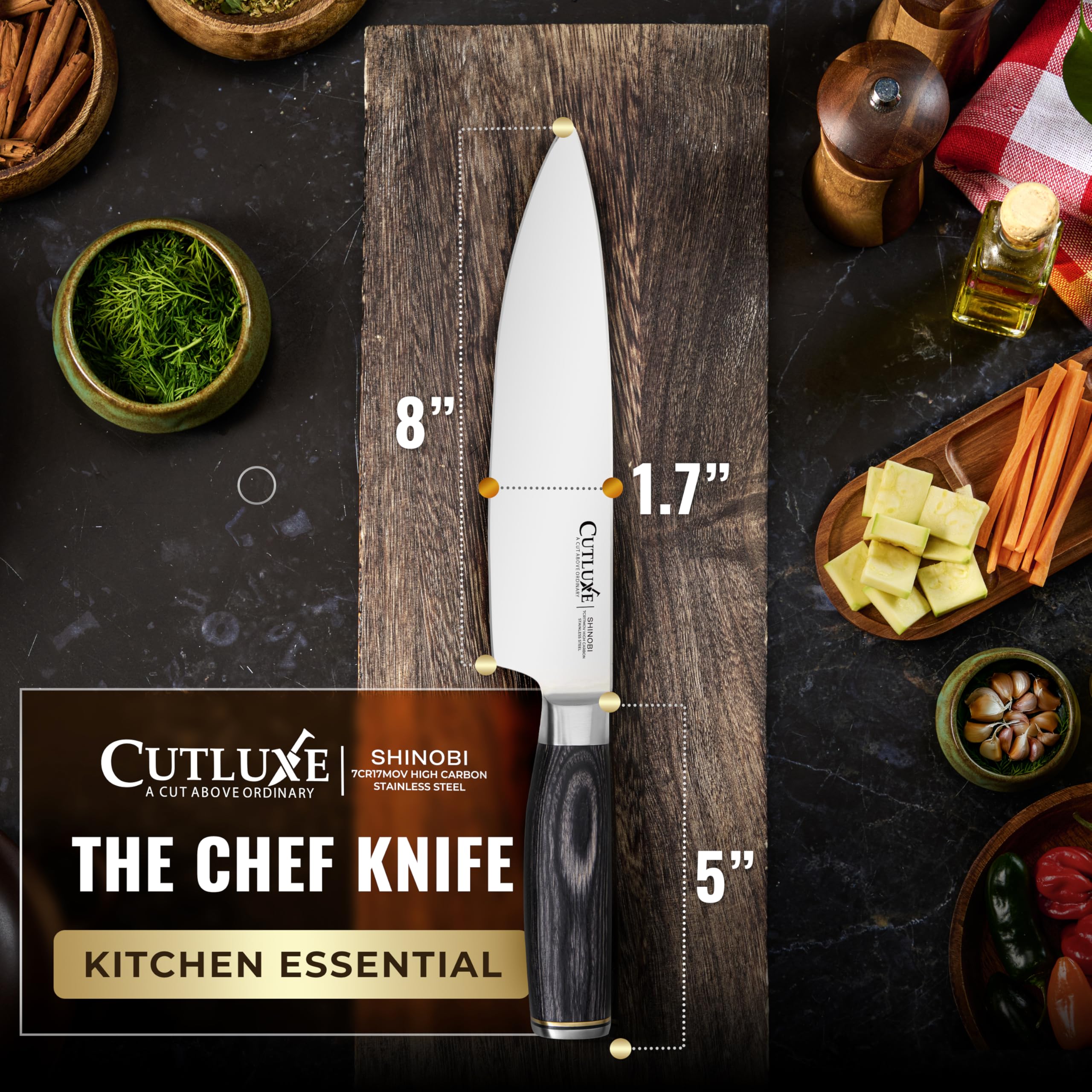 Cutluxe Chef Knife 8" Japanese Kitchen Knife – High Carbon Steel, Full Tang