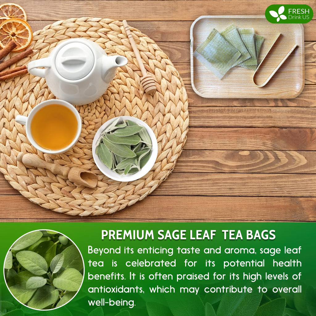 FreshDrinkUS, Premium 35 Sage Leaf Tea Bags, 100% Natural & Pure. Loose Leaf Herbal Tea. Made with Eco-Conscious Tea Bags. No Sugar, No Caffeine, No Gluten, Vegan.