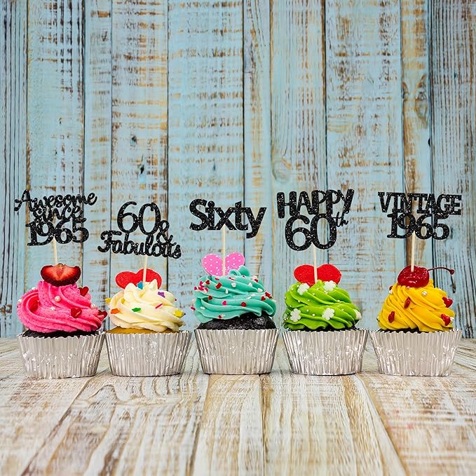 Gyufise 30Pcs 60th Birthday Cupcake Toppers Vintage 1965 Cake Decorations Cheers to 60 Fabulous Sixty Cupcake Picks 60th Birthday Wedding Anniversary Party Cake Decorations Supplies Black