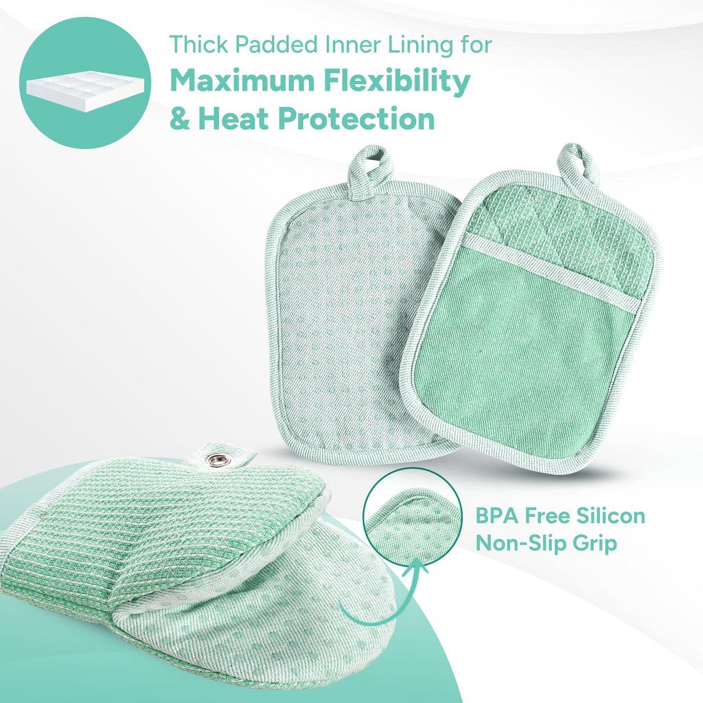 Casa Platino Potholders & Oven Mitts Heat Resistant, 8-Piece Mini Oven Mitt with Silicone Grip, Potholder for Kitchens, 2 Kitchen Towels & 2 Dish Cloths – Durable & Non-Slip – Sage