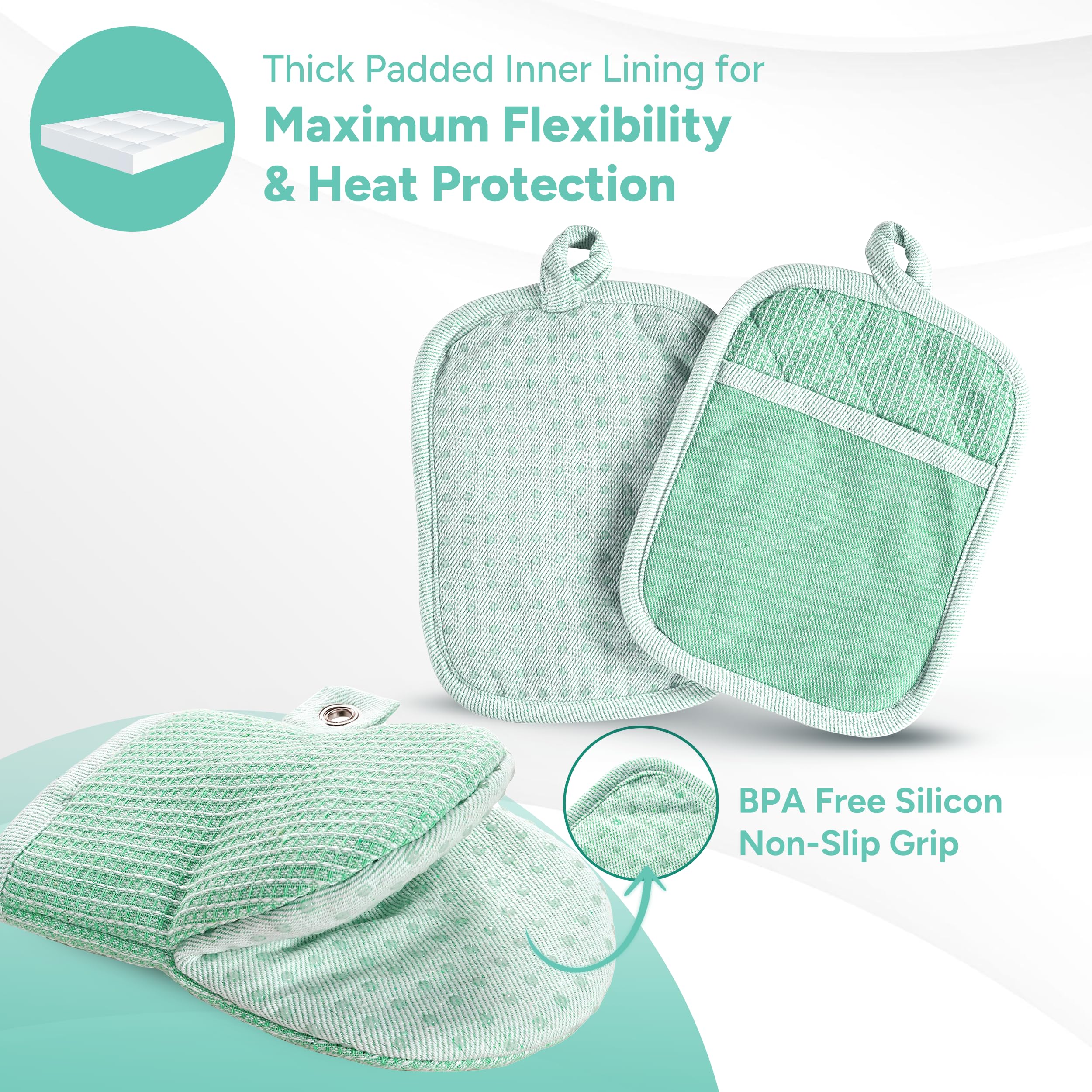 Casa Platino Potholders & Oven Mitts Heat Resistant, 8-Piece Mini Oven Mitt with Silicone Grip, Potholder for Kitchens, 2 Kitchen Towels & 2 Dish Cloths – Durable & Non-Slip – Sage
