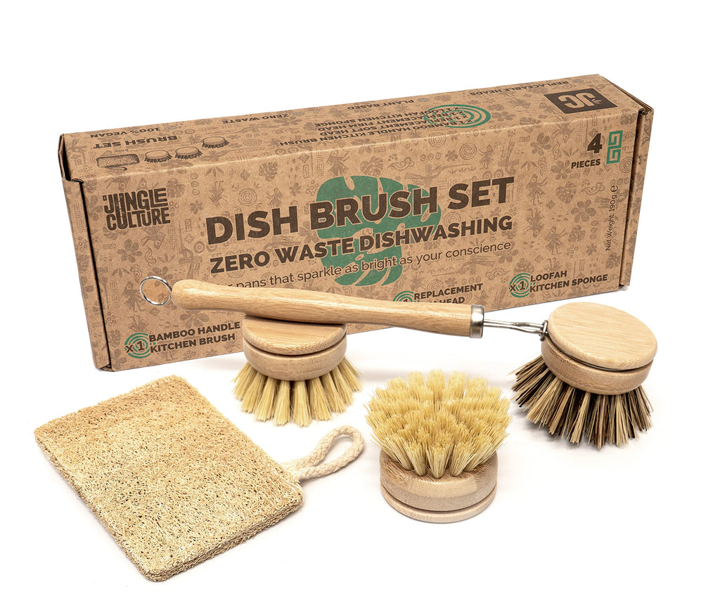 Jungle Culture 4 Piece Bamboo Dish Brush Set for Washing Up • Long Lasting Wooden Dish Brush with 3 Replacement Heads & Loofah Sponge Scourer • Eco Friendly Wooden Scrub Brush for Pots, Pans & Dishes