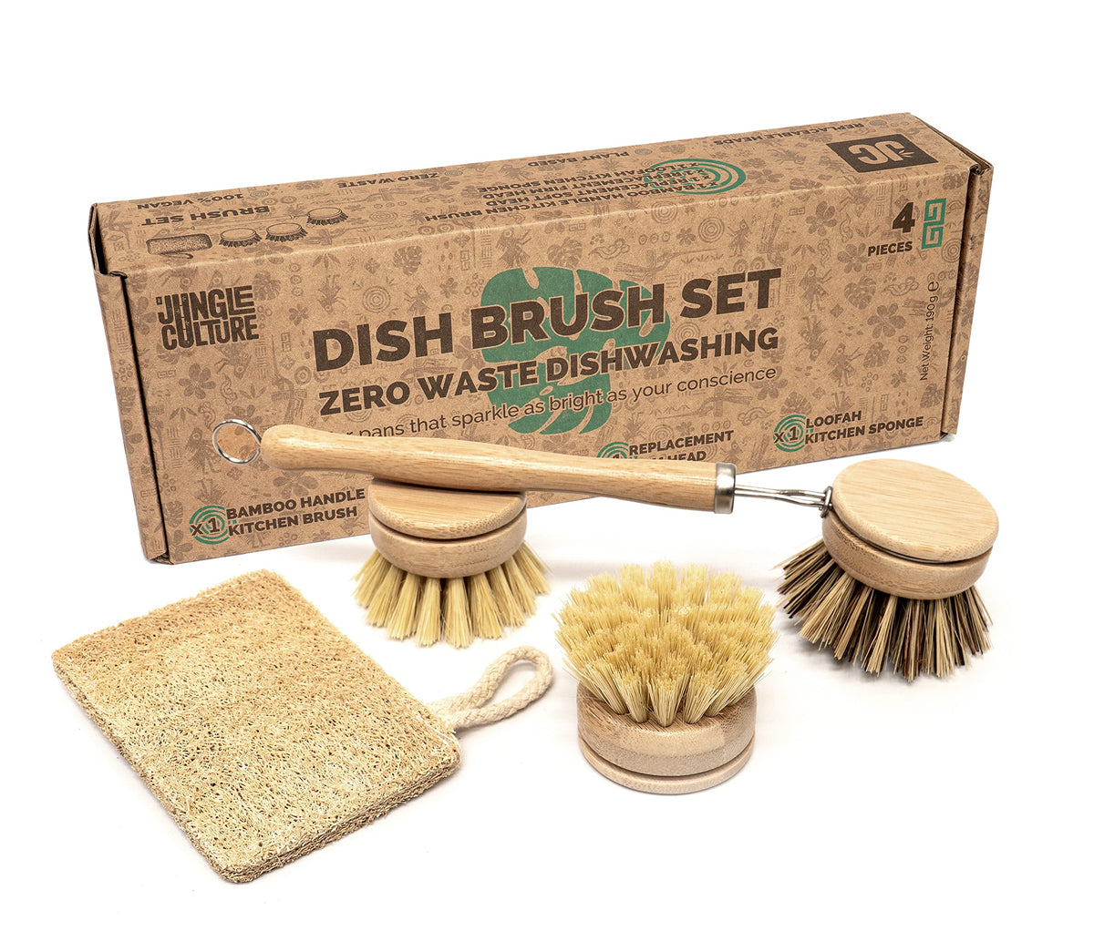 JUNGLE CULTURE Bamboo Dish Brush • 3 Swap Heads & Loofah Sponge • 4 Piece