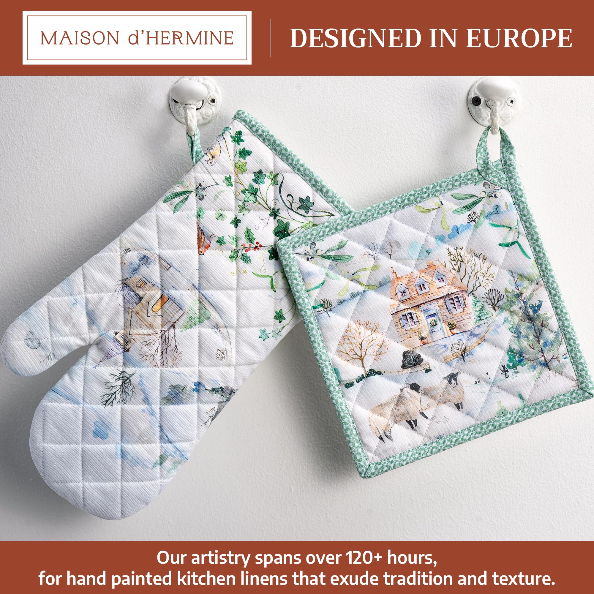 Maison d' Hermine 100% Cotton Oven Mitt & Pot Holder Set (7.5"x13" & 8"x8")