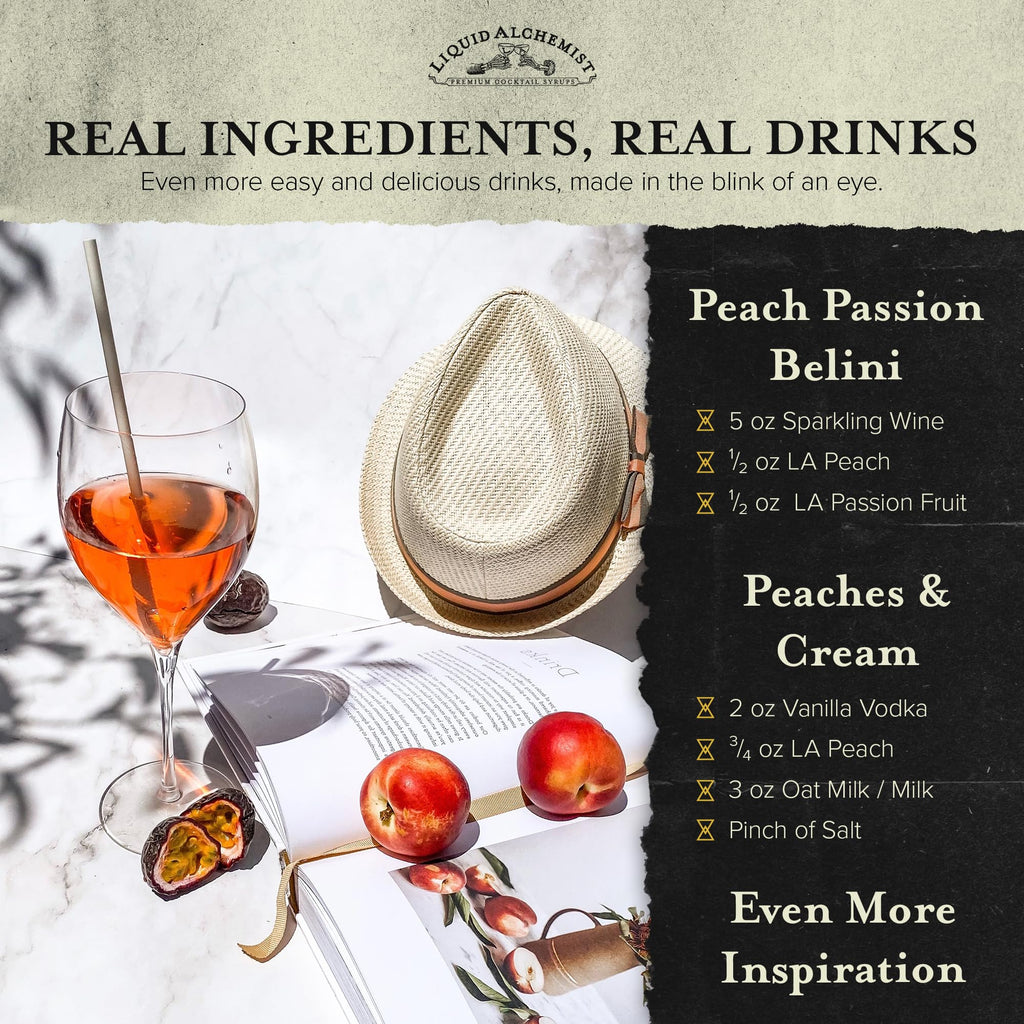 Liquid Alchemist Peach Syrup for Cocktails | Real Ingredients Make our Peach Syrup for Drinks a Perfect Bellini Mix | Small Batch, Non-GMO & Vegan | 25.4 oz Drink Mixer, Pack of 1