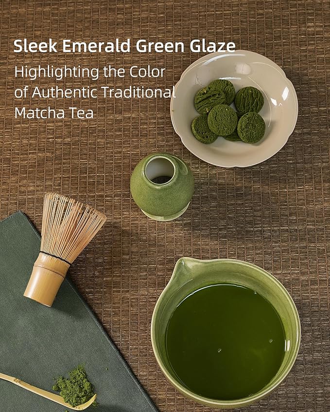 ZENS Matcha Whisk Set, 15oz Ceramic Matcha Bowl with Spout and Bamboo Whisk, (Chasen Holder) Scoop & Tea Towel, 5pcs Matcha Kit for Matcha Lovers, Emerald Green