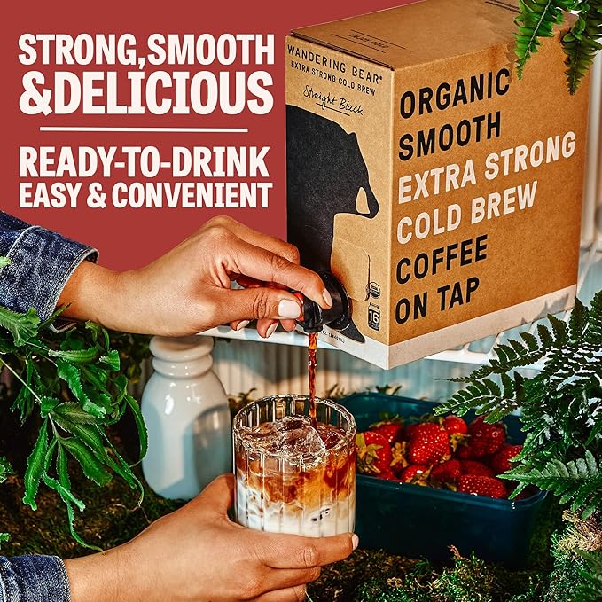 Wandering Bear Organic Mocha Cold Brew Coffee On Tap, 96 fl oz - Extra Strong, Bold, Smooth, Unsweetened, Shelf-Stable, Ready to Drink, Gluten Free, & Vegan, Iced Cold Brewed Coffee Drinks
