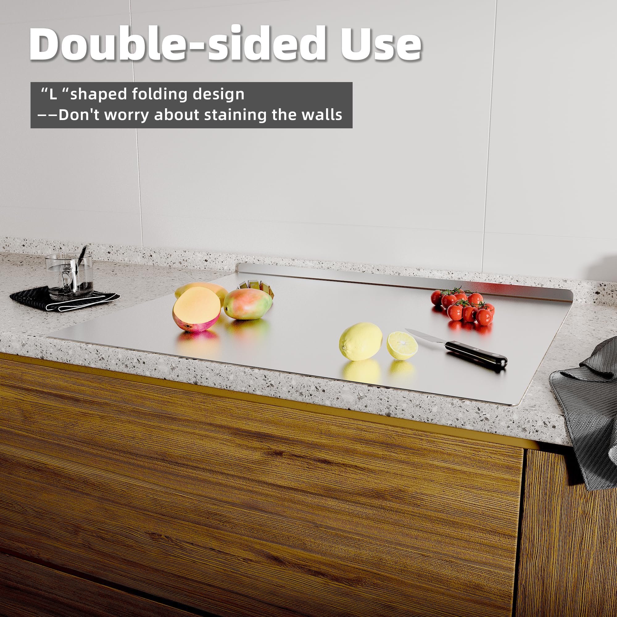 KORVOS Stainless Steel Cutting Board, 15.7" x 11.8" Double-Sided Cutting Boards for Kitchen, Metal Chopping Board with Lip&Non-Slip Mat, Easy to Clean, Suitable for Meat Fruits & Baking