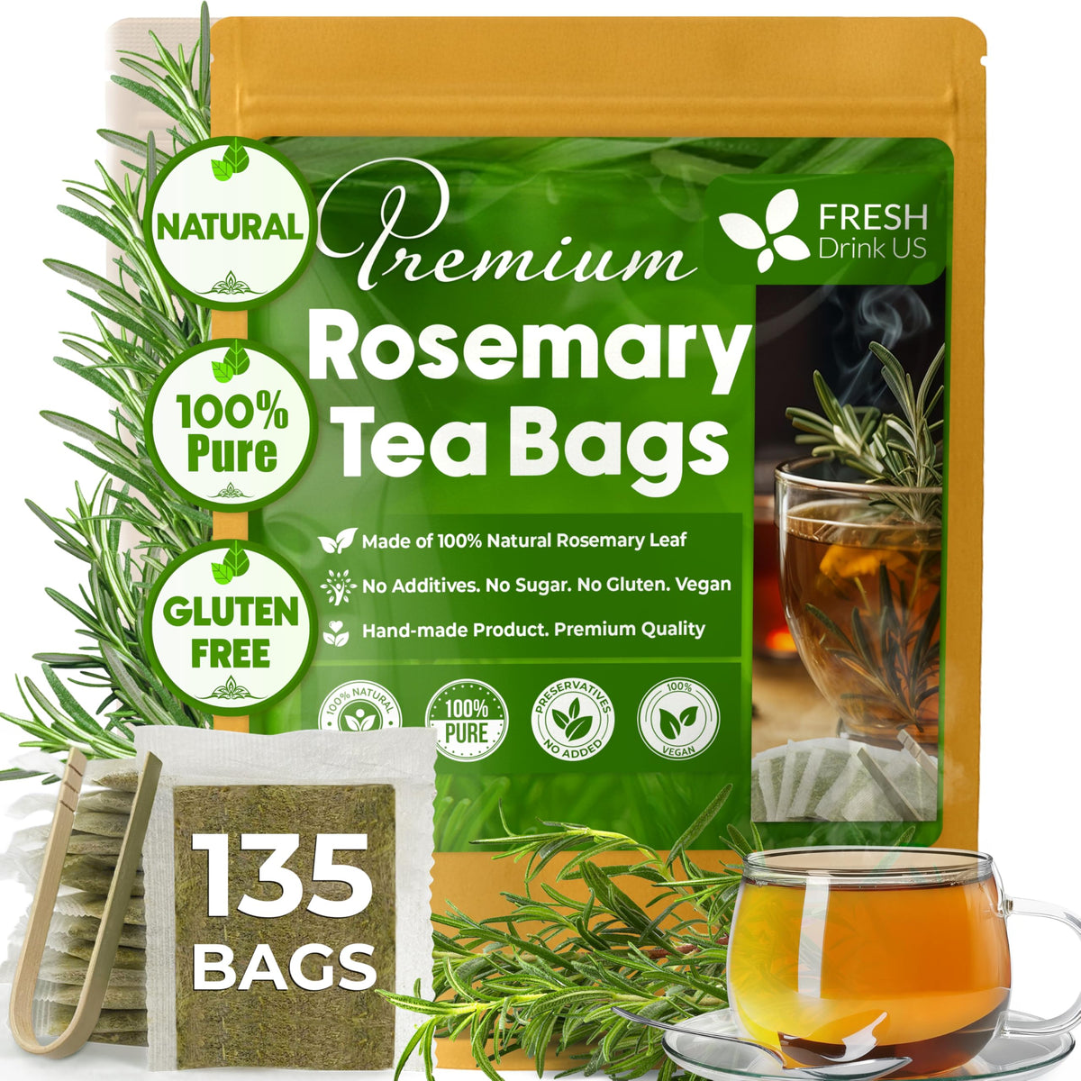 FreshDrinkUS, Premium 135 Ginger Turmeric Tea Bags, 100% Natural Ingredients, Hand-Made Blend of Ginger and Turmeric Herbal Tea, Eco-Conscious Tea Bags. No Sugar, No Caffeine, No Gluten, Vegan.