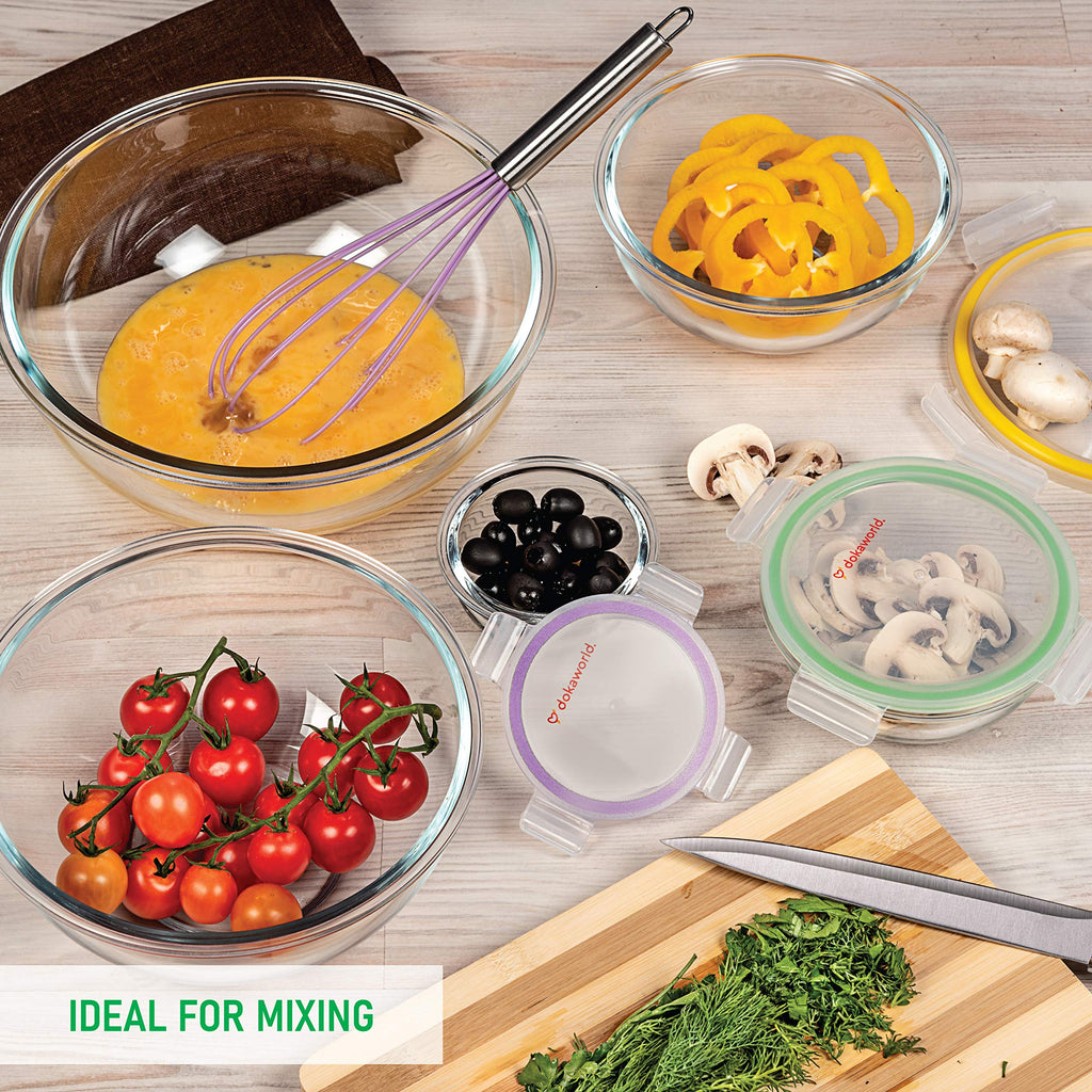 dokaworld Set of 5 Stackable Space-Saving Nesting Glass Bowls with BPA Free Lids for Foodprep, Storage, Baking, Mixing & Cooking, Microwave Safe - Durable Inert Borosilicate Glass