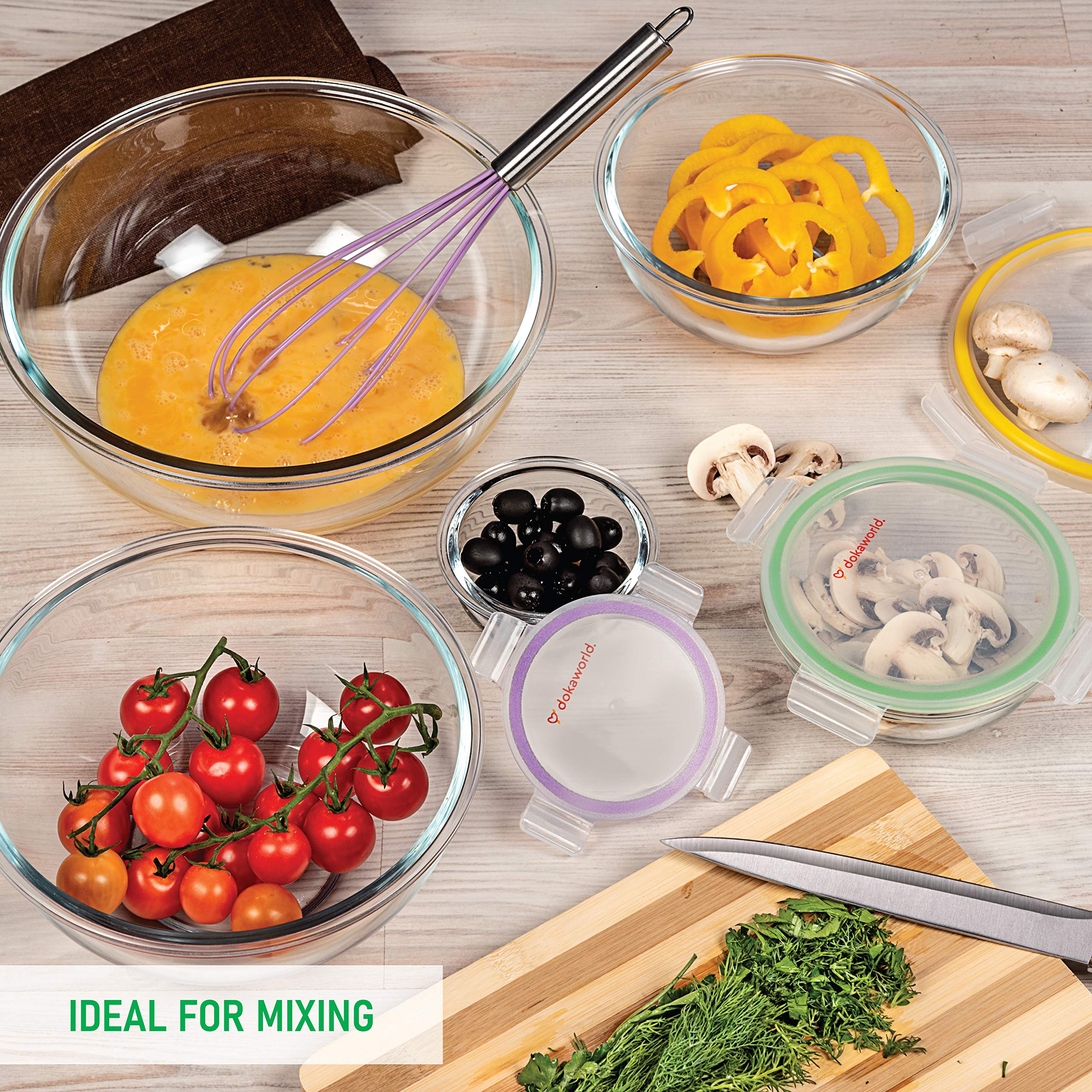 dokaworld Set of 5 Stackable Space-Saving Nesting Glass Bowls with BPA Free Lids for Foodprep, Storage, Baking, Mixing & Cooking, Microwave Safe - Durable Inert Borosilicate Glass