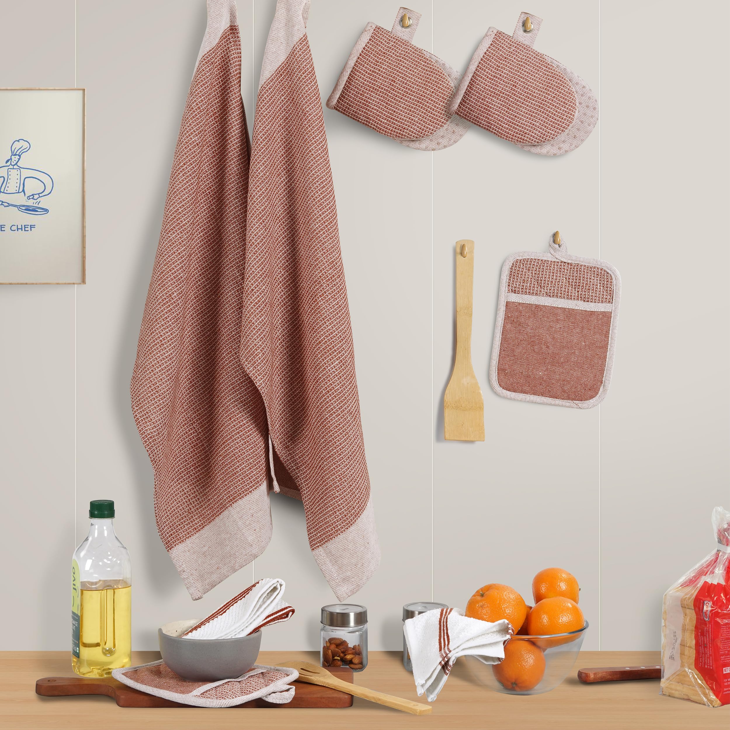 Casa Platino Potholders for Kitchens, 8-Piece – 500°F Heat Resistant Oven Mitts and Pot Holders, Mini Oven Mitt with Silicone Grip, 2 Kitchen Towels & 2 Dish Cloths – Durable & Non-Slip – Canyon Rose