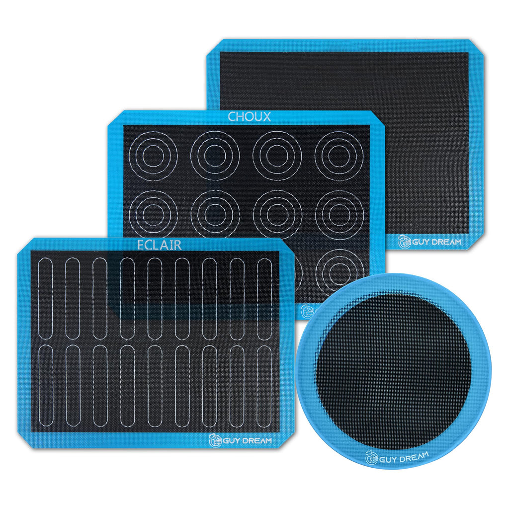 GUY DREAM Pack of 4 Perforated Silicone Baking Mats - 1 Choux, 1 Eclair, 1 Blank for Cookies, 1 10'' Round for Pizza - Non-Stick Reusable Oven Liner 11-4/5" x 15-3/4"