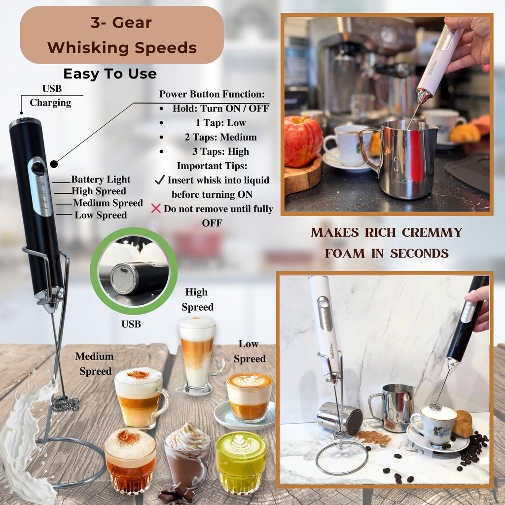 BellaVitas Milk Frother Handheld Rechargeable 3-Speed Electric Frother Wand Whisk Foam Maker Drink Mixer with Stand, 2 Whisks, Spice Shaker, Art Stencils, Art Pen for Coffee Latte, Cappuccino, Black
