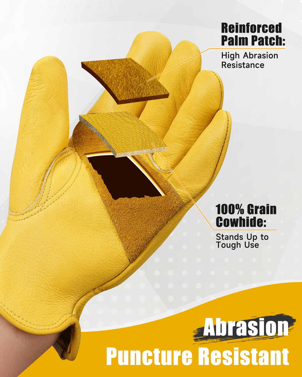 DULFINE Cowhide Leather Gardening Work Gloves for Men 1 Pair Golden M