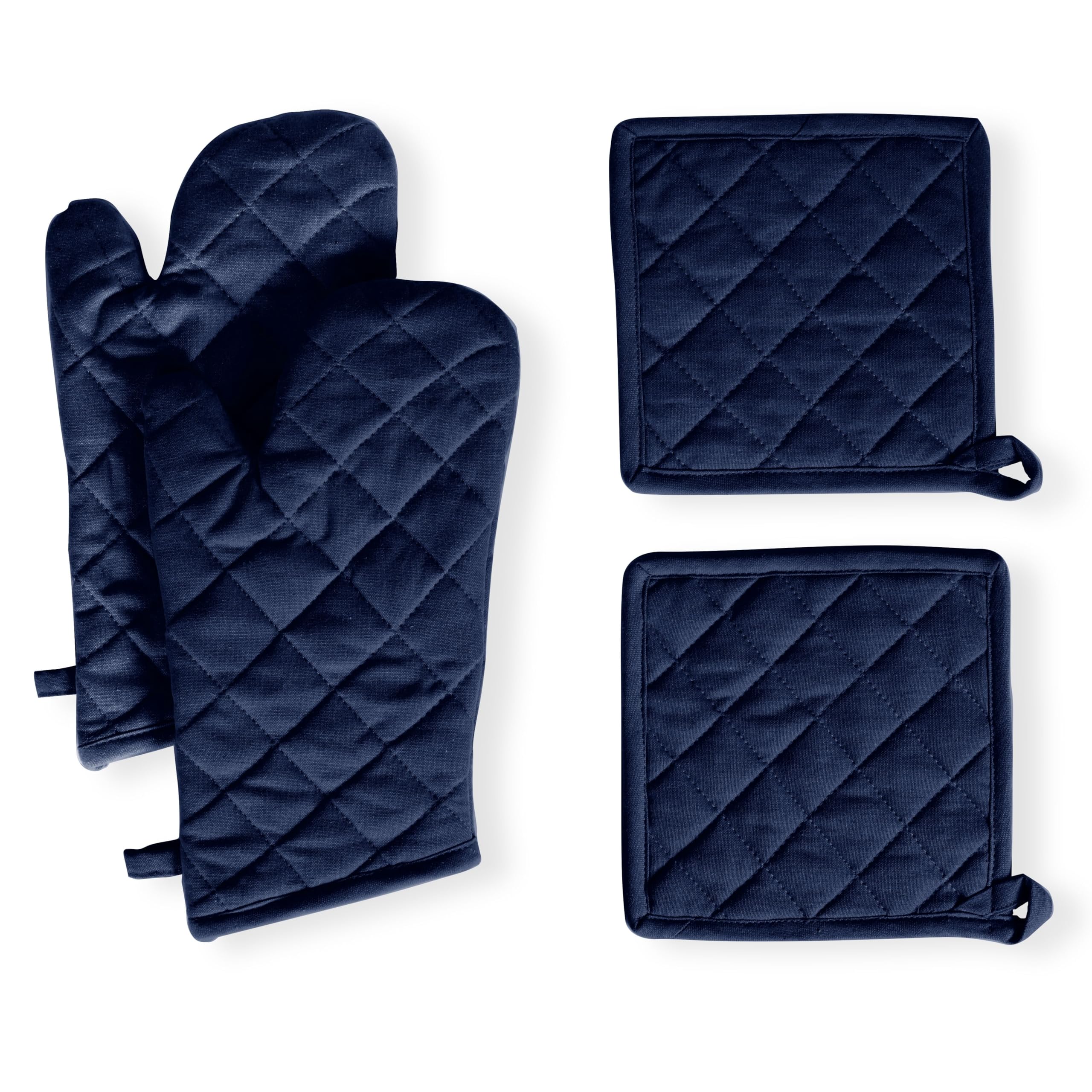 Native Fab 4 Piece Set - 2 Oven Mitts & 2 Potholders, Heat Resistant, 100% Cotton, Quilted Design, Non-Slip Grip, Machine Washable, Ideal for Baking, Cooking, BBQ, Kitchen Protection - Navy Blue