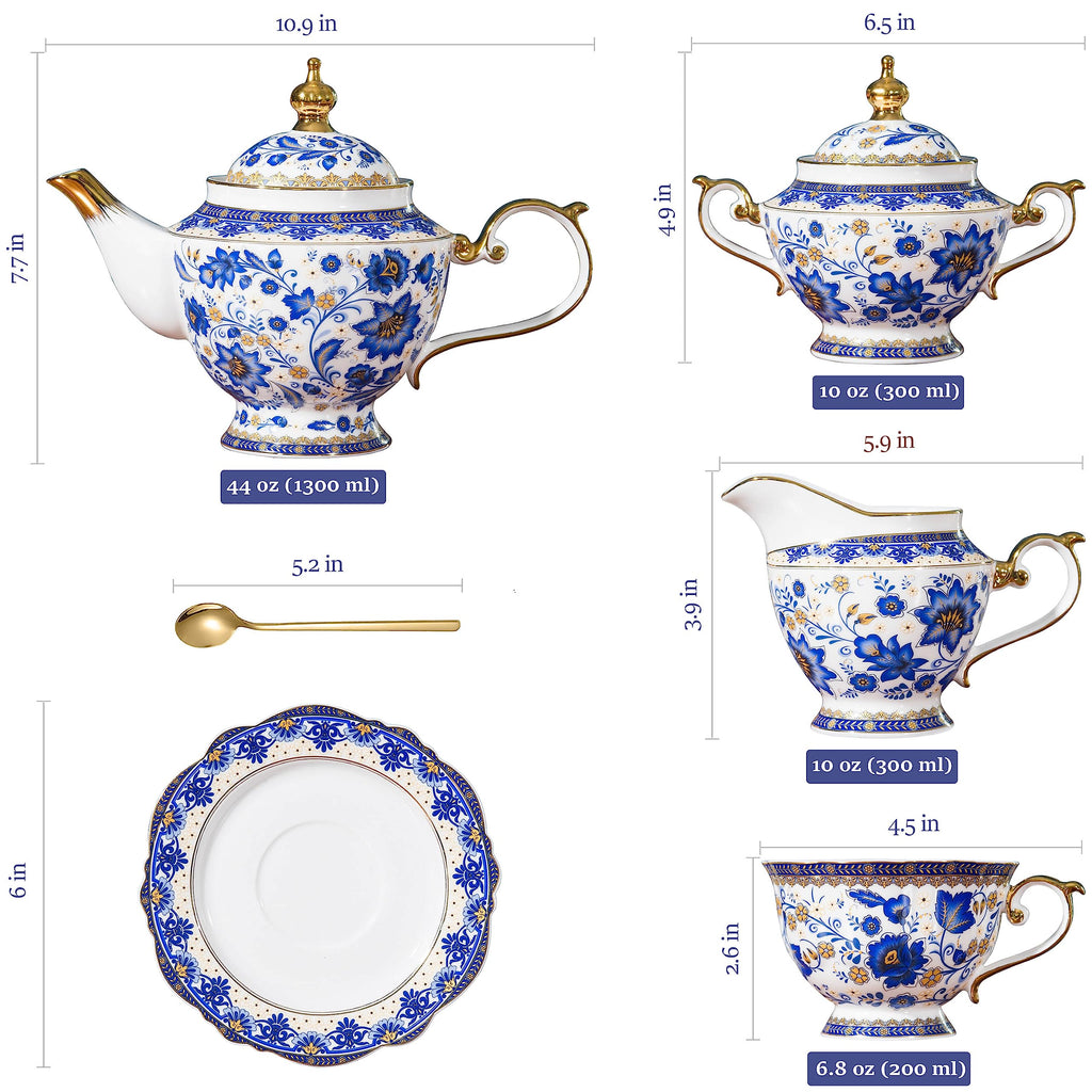 ACMLIFE Tea Set for Adults, Vintage Tea Sets, Bone China Tea Set, Tea Cup Set Porcelain Tea Set for 6, Floral Tea Cup Set With Teapot, 21 Pieces Tea Party Sets for Women Gift，Mother's Day (Blue)