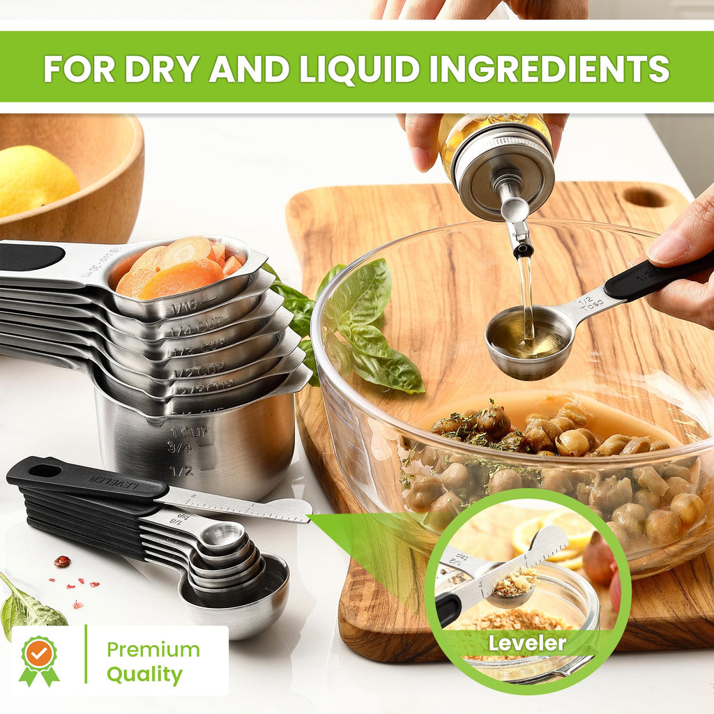 Spring Chef Magnetic Measuring Cups & Spoons Set (Patent Pending), Strong N45 Magnets, Heavy Duty Stainless Steel Fits in Spice Jars for Baking & Cooking, BPA Free, Round Set of 15 with Leveler, Black