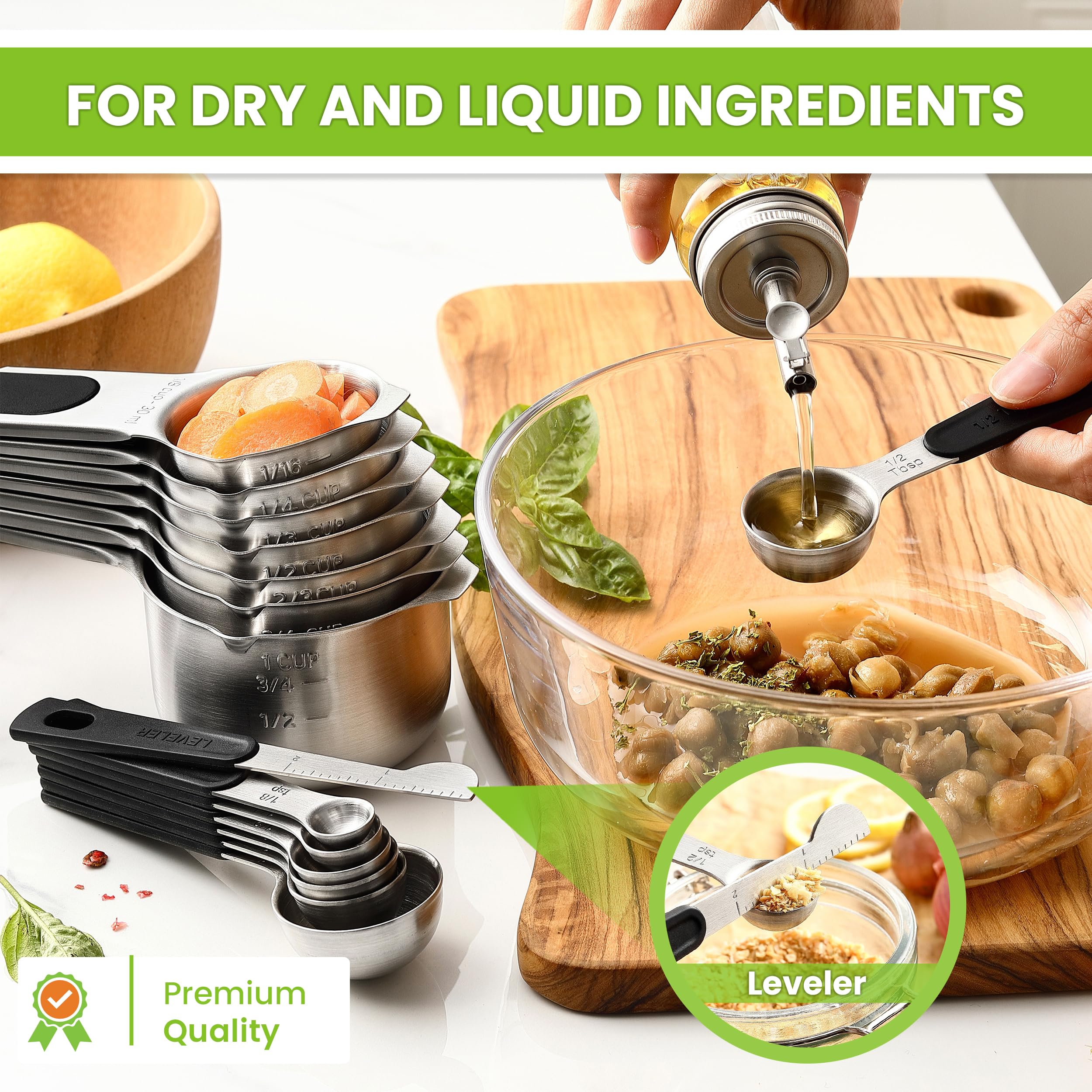 Spring Chef Magnetic Measuring Cups & Spoons Set (Patent Pending), Strong N45 Magnets, Heavy Duty Stainless Steel Fits in Spice Jars for Baking & Cooking, BPA Free, Round Set of 15 with Leveler, Black