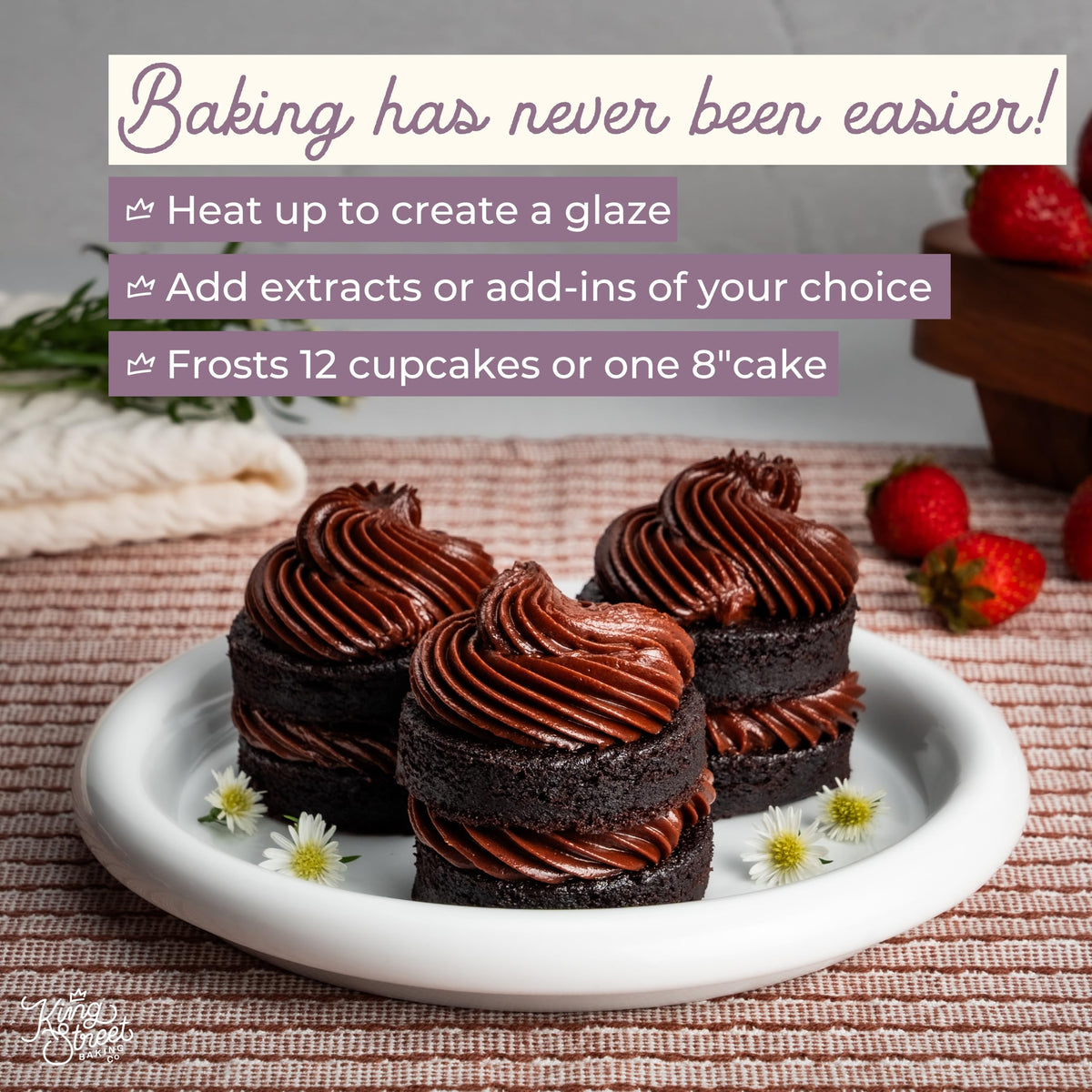King Street Baking Co Chocolate Frosting Mix: 3 Pack - 4 Ingredient Icing for Cake - Real Cocoa, Vanilla - Frosts 12 Cupcakes