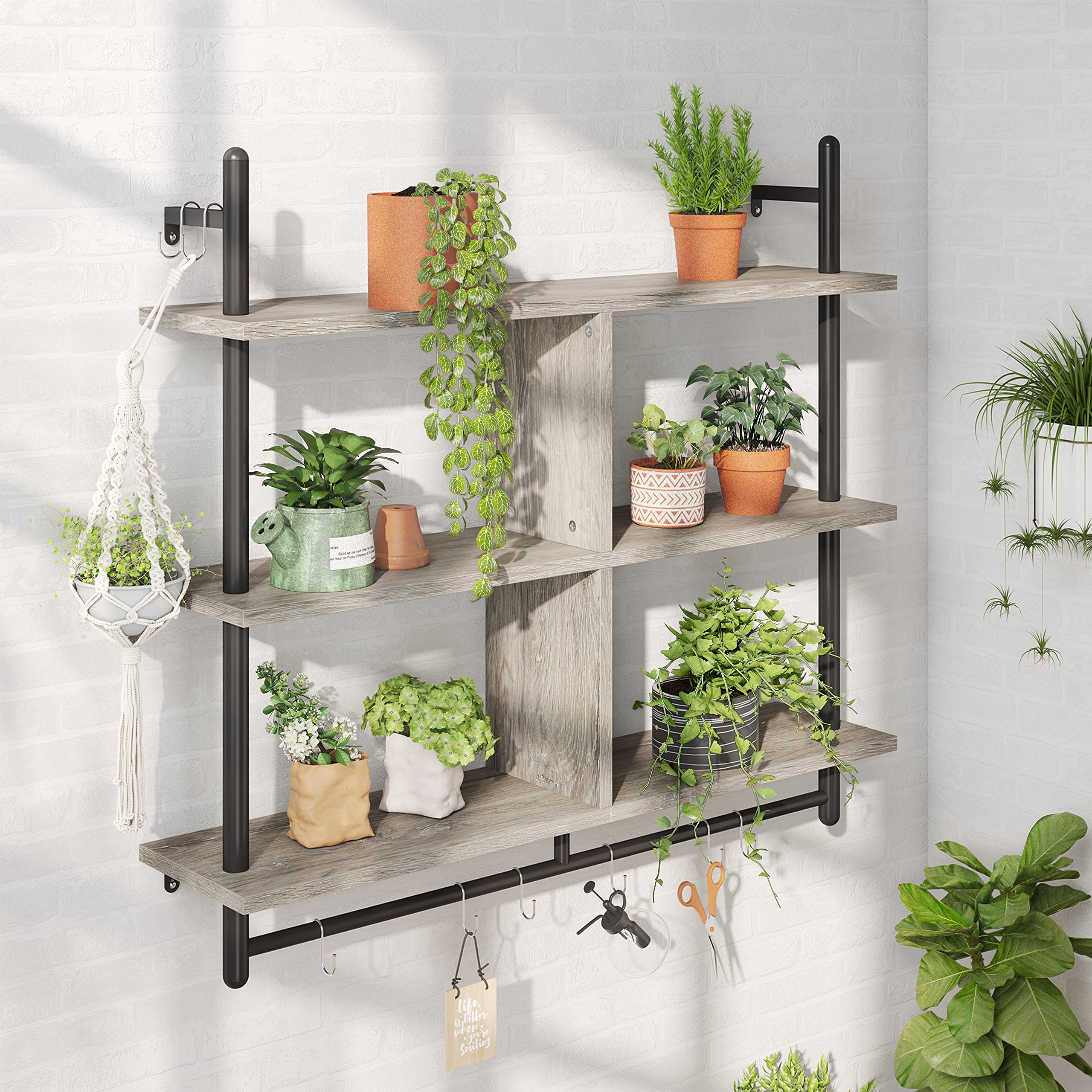 Bestier 41" Floating Kitchen Shelves Wall Mounted 3 Tier Coffee Bar Mug Shelf Hanging with 8 Hooks Display Plant Pipe Shelving for Living Room Kitchen Bathroom Balcony, Retro Grey