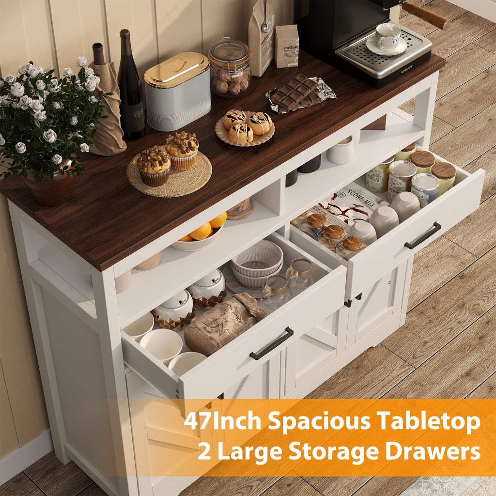 knoworld Buffet Sideboard with Storage Farmhouse with 4 Doors, 47'' Large Kitchen Storage Cabinet Wood Coffee Bar Cabinet Buffet Table with Shelves for Kitchen, Dining Room, Entryway, 47" W White