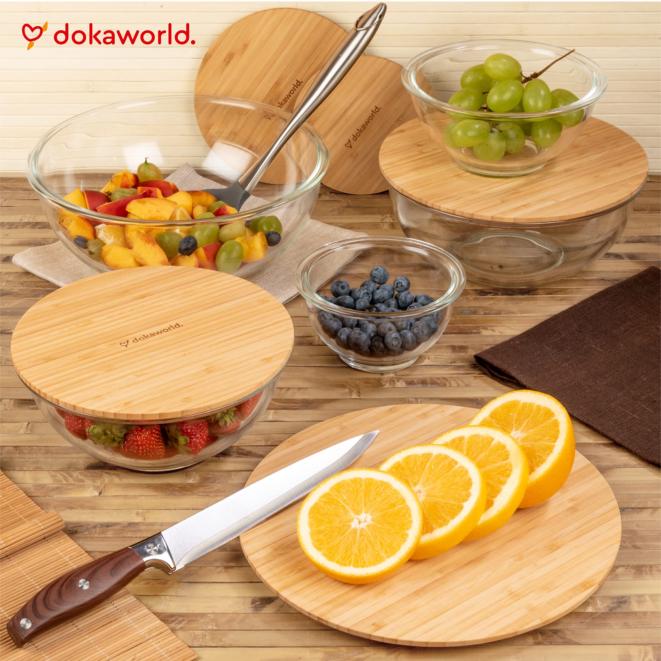 dokaworld Stackable Space-Saving Set of 5 Nesting Glass Bowls with Bamboo Lids for Foodprep, Storage, Baking, Mixing & Cooking, Microwave & Oven Safe BPA Free Heat Resistant Inert Borosilicate Glass