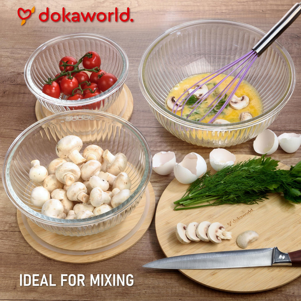 dokaworld Stackable Space-Saving Nesting Set of 3 Glass Bowls with Bamboo Lids for Foodprep, Storage, Mixing & Cooking - Microwave & Oven Safe BPA Free Durable Heat Resistant Inert Borosilicate Glass