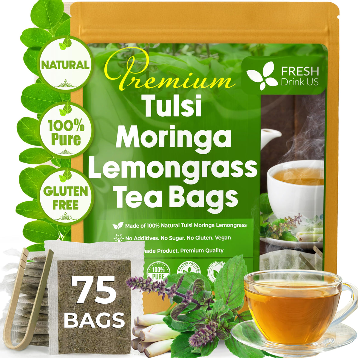 FreshDrinkUS, Premium 135 Ginger Turmeric Tea Bags, 100% Natural Ingredients, Hand-Made Blend of Ginger and Turmeric Herbal Tea, Eco-Conscious Tea Bags. No Sugar, No Caffeine, No Gluten, Vegan.