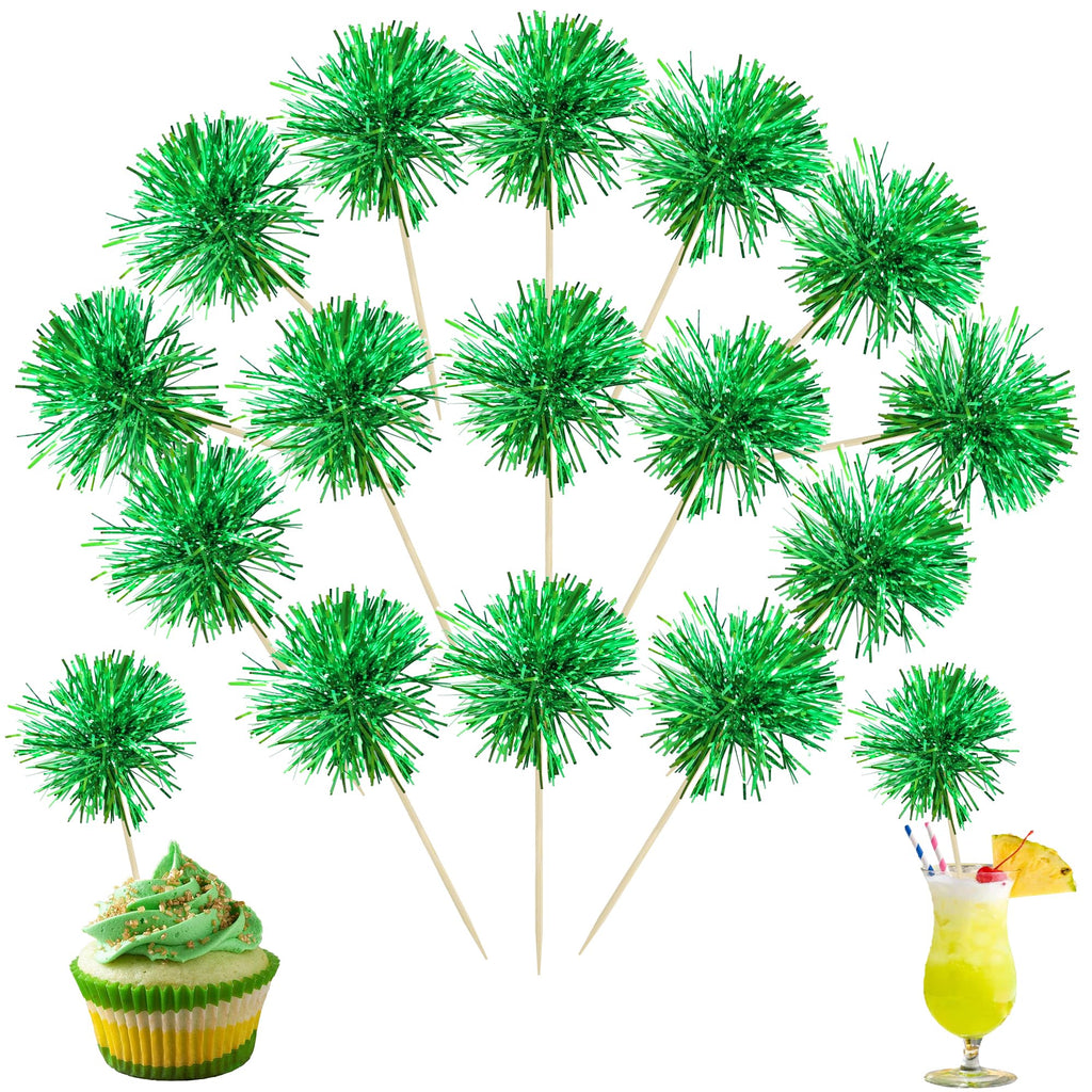 Ephlyn 30Pcs Foil Firework Cupcake Toppers Party Birthday Cake Toppers Supplies Sparkle Tinsel Cocktail Fruit Toothpick for Birthday Wedding Graduation Party Supplies Green