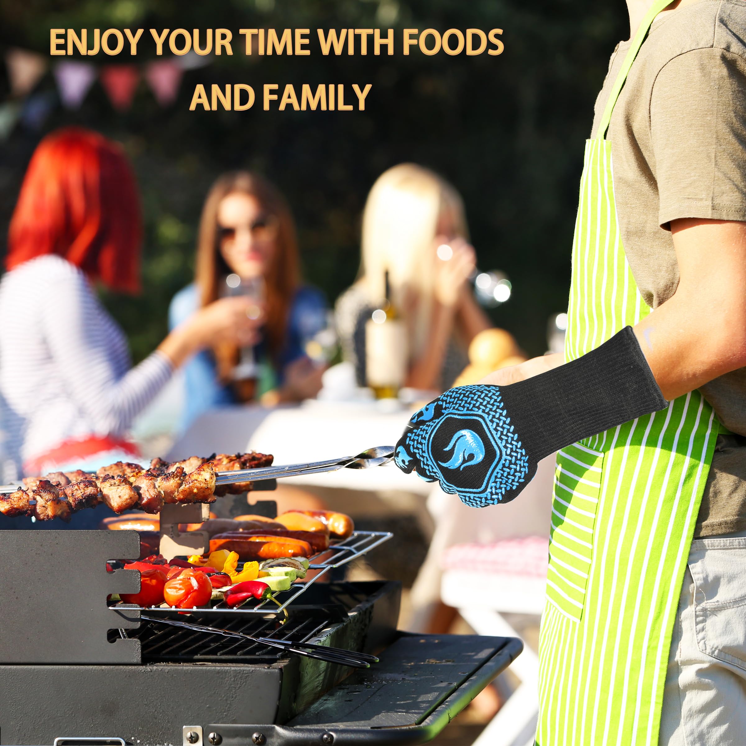 BBQ Gloves 1472F Heat Resistant Non-Slip Silicone (Sky Blue)